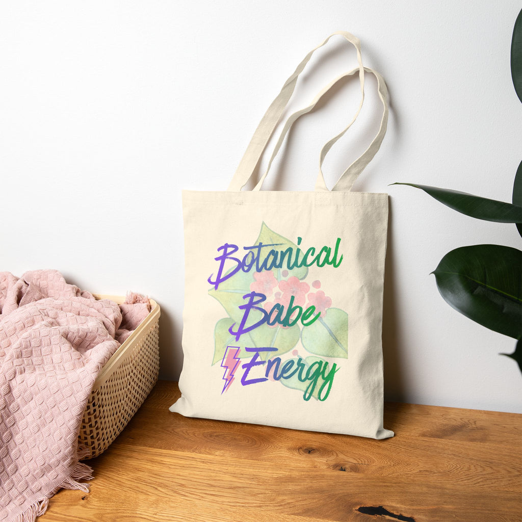 Botanical Babe Energy Tote Bag | Floral Leaves Script Design