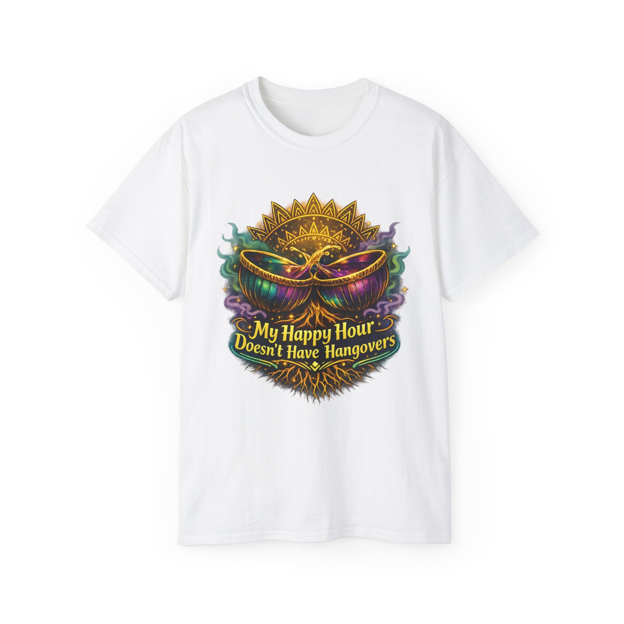 Mardi Gras Mask T-Shirt — “My Happy Hour Doesn’t Have Hangovers” Carnival Tee