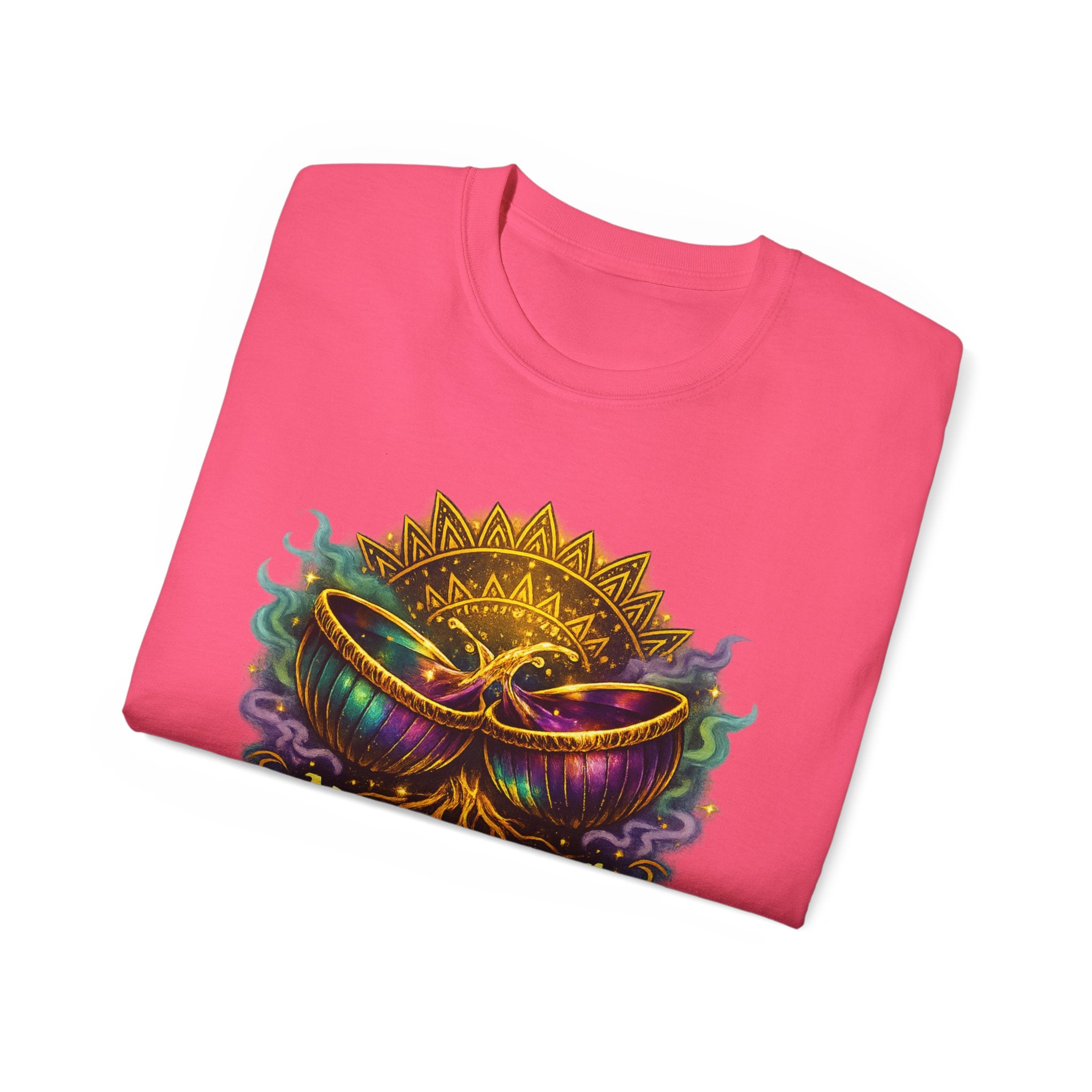 Mardi Gras Mask T-Shirt — “My Happy Hour Doesn’t Have Hangovers” Carnival Tee