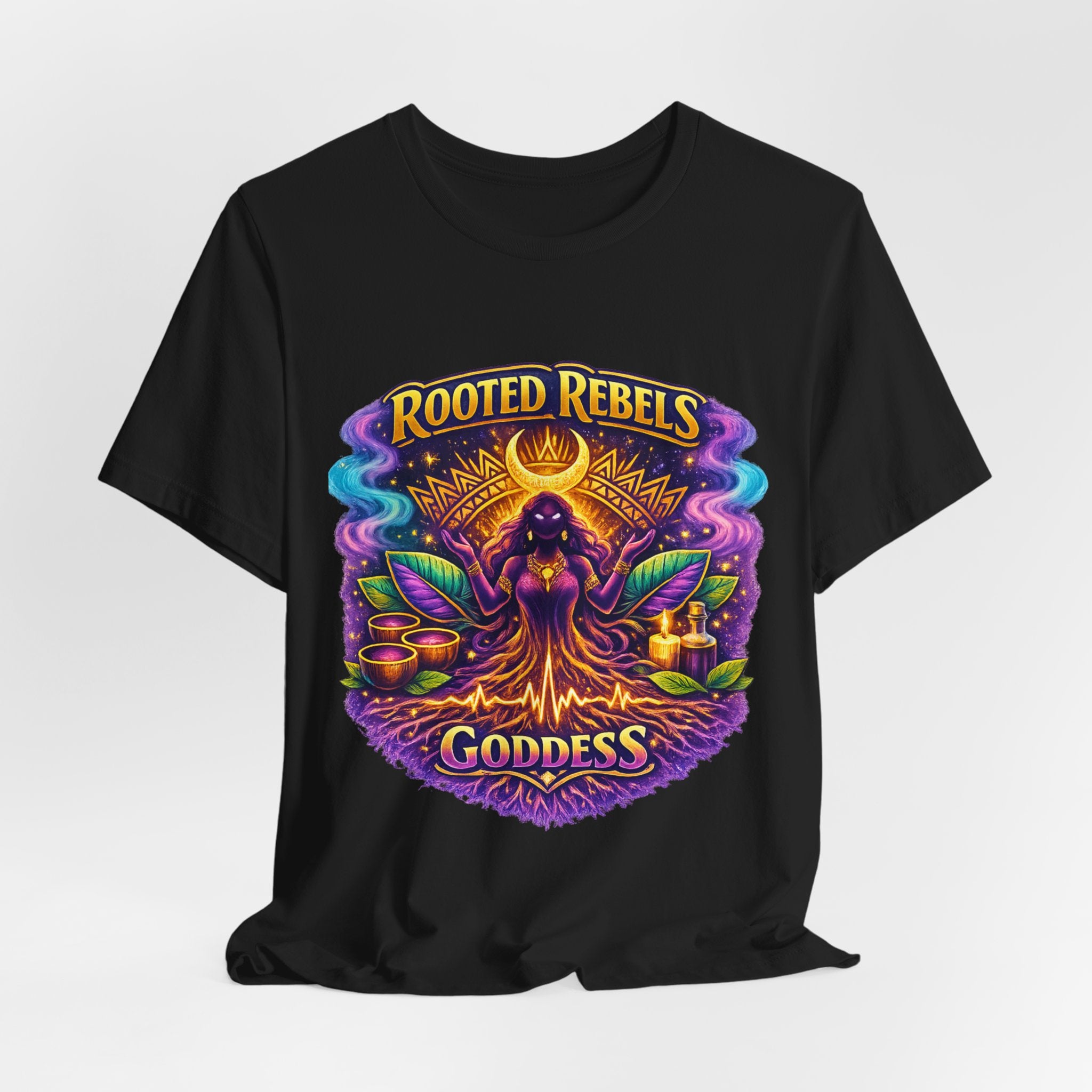 Rooted Rebels Goddess T-Shirt — Vibrant Spiritual Nature Tee