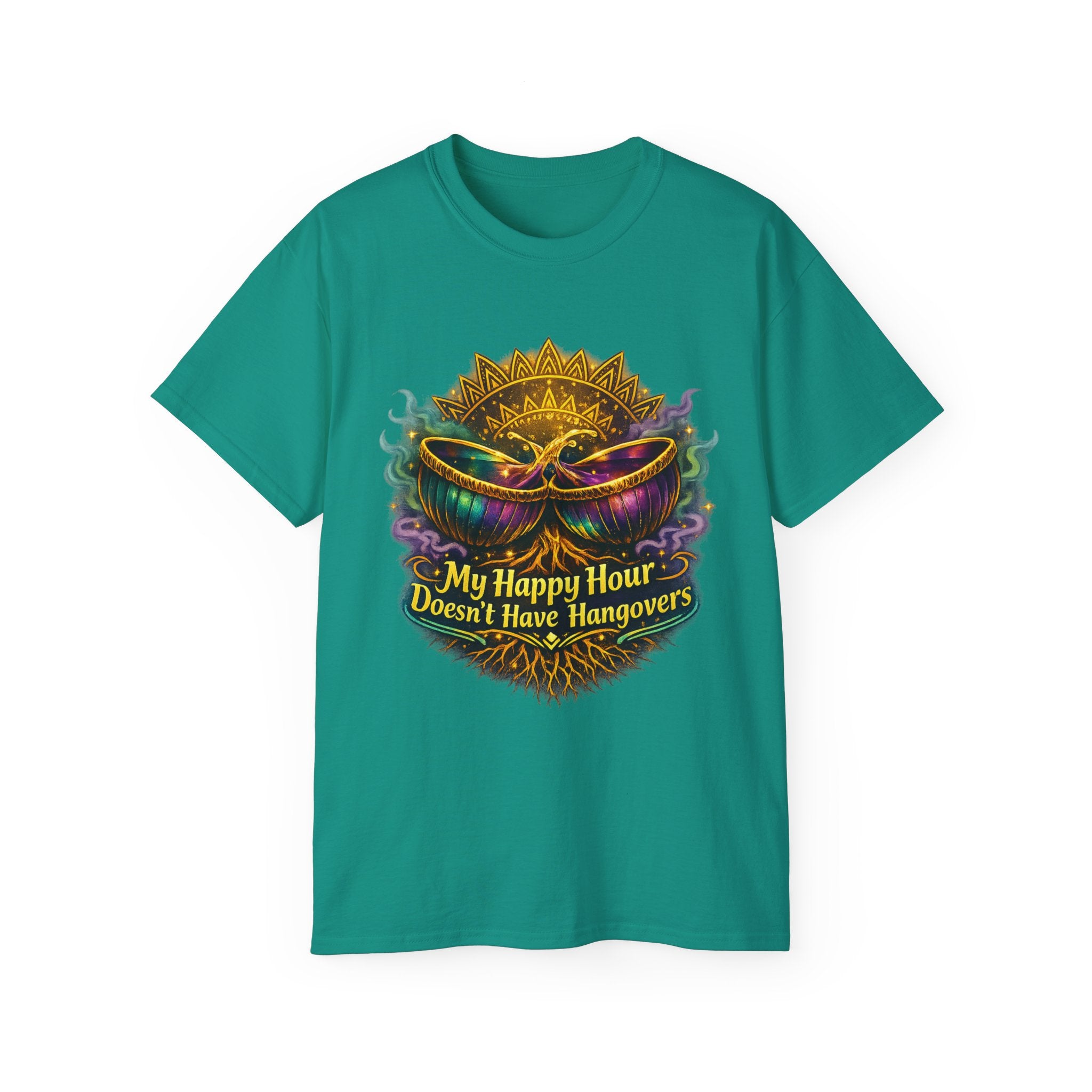 Mardi Gras Mask T-Shirt — “My Happy Hour Doesn’t Have Hangovers” Carnival Tee