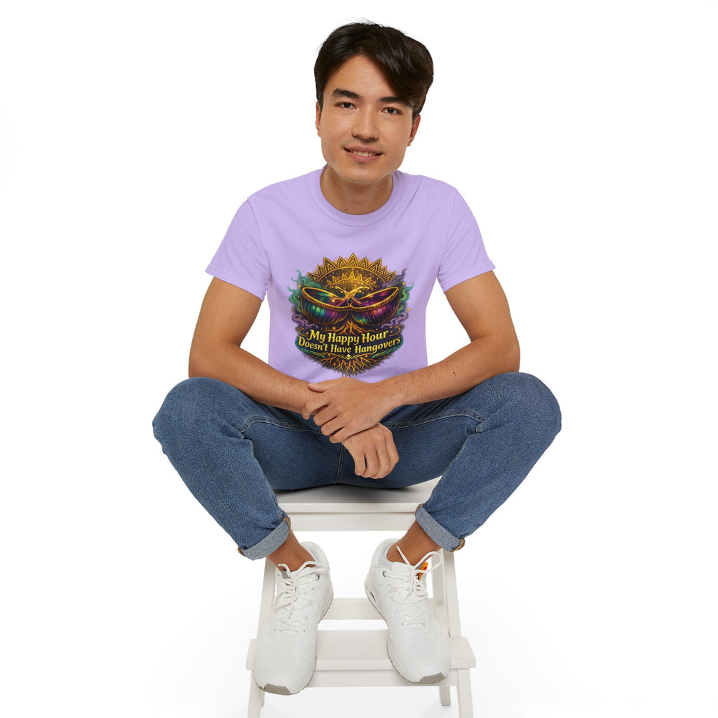 Mardi Gras Mask T-Shirt — “My Happy Hour Doesn’t Have Hangovers” Carnival Tee