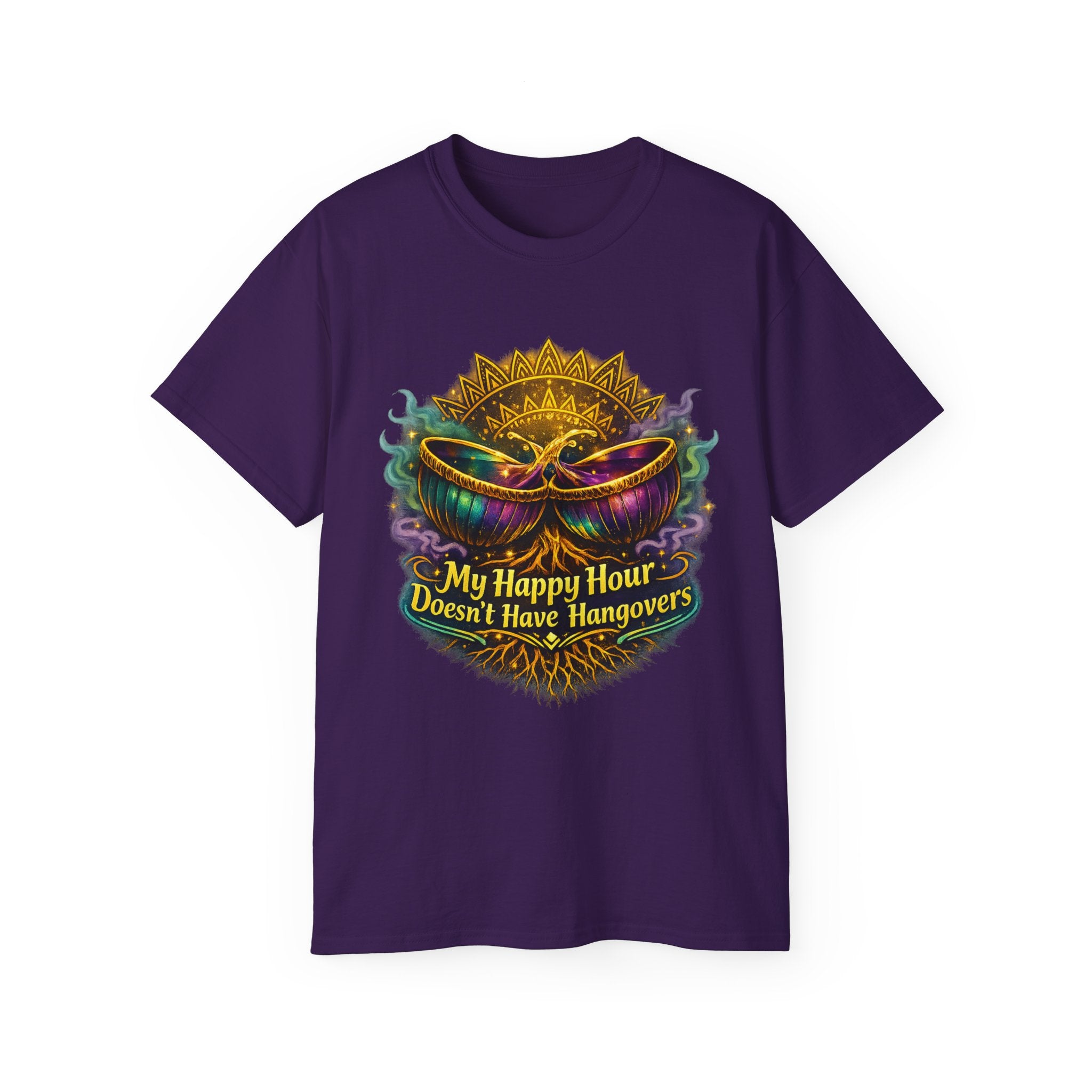 Mardi Gras Mask T-Shirt — “My Happy Hour Doesn’t Have Hangovers” Carnival Tee