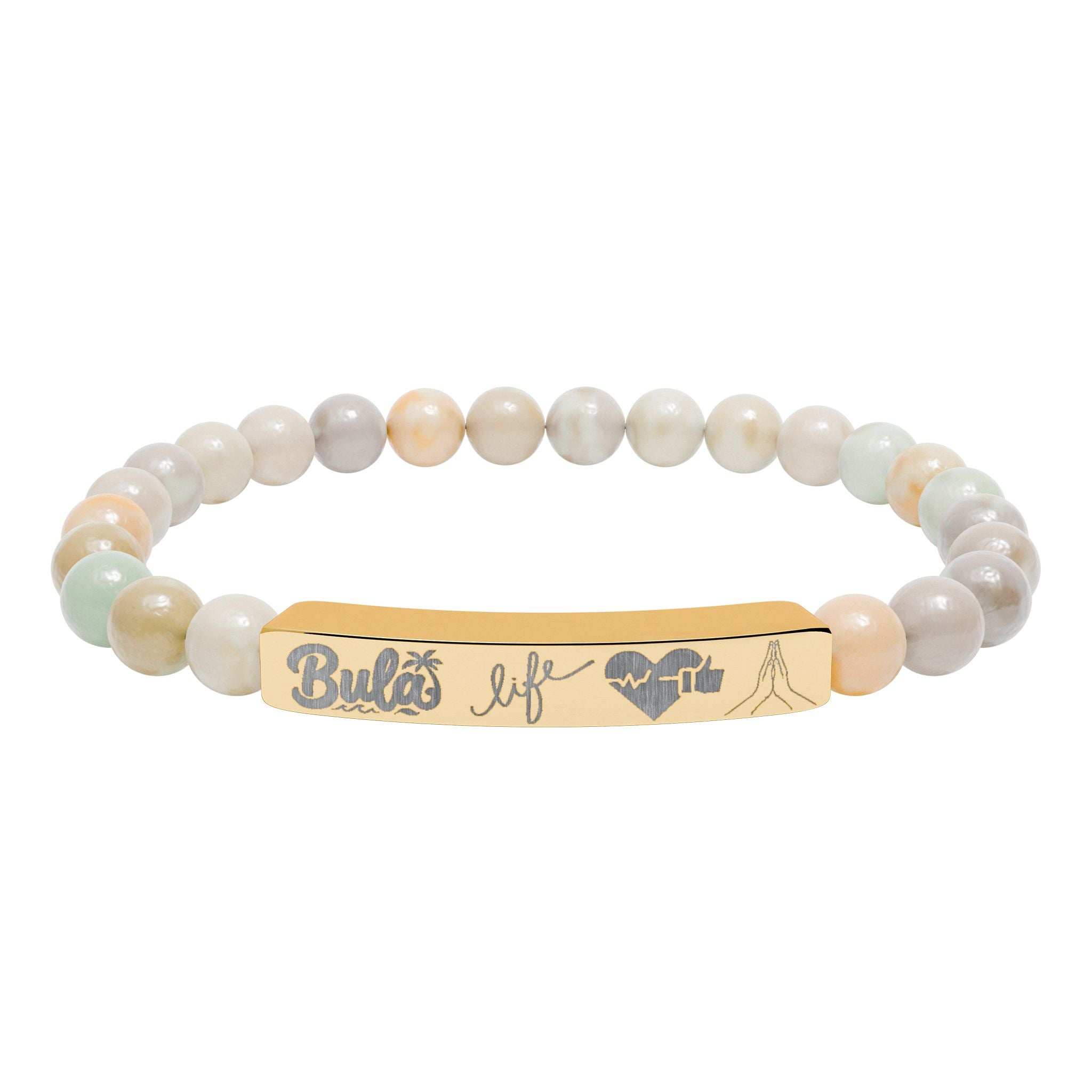 Bula- Life, Good Health, Blessings | Natural Stone Beaded Bar Bracelet — Personalized Stretch Bracelet