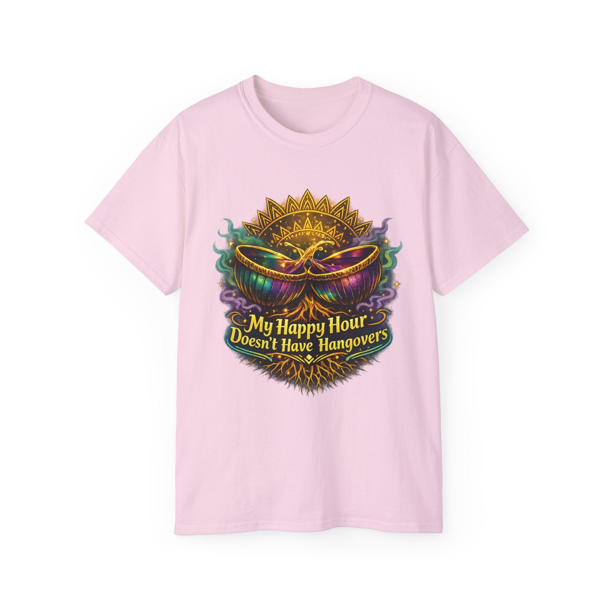 Mardi Gras Mask T-Shirt — “My Happy Hour Doesn’t Have Hangovers” Carnival Tee