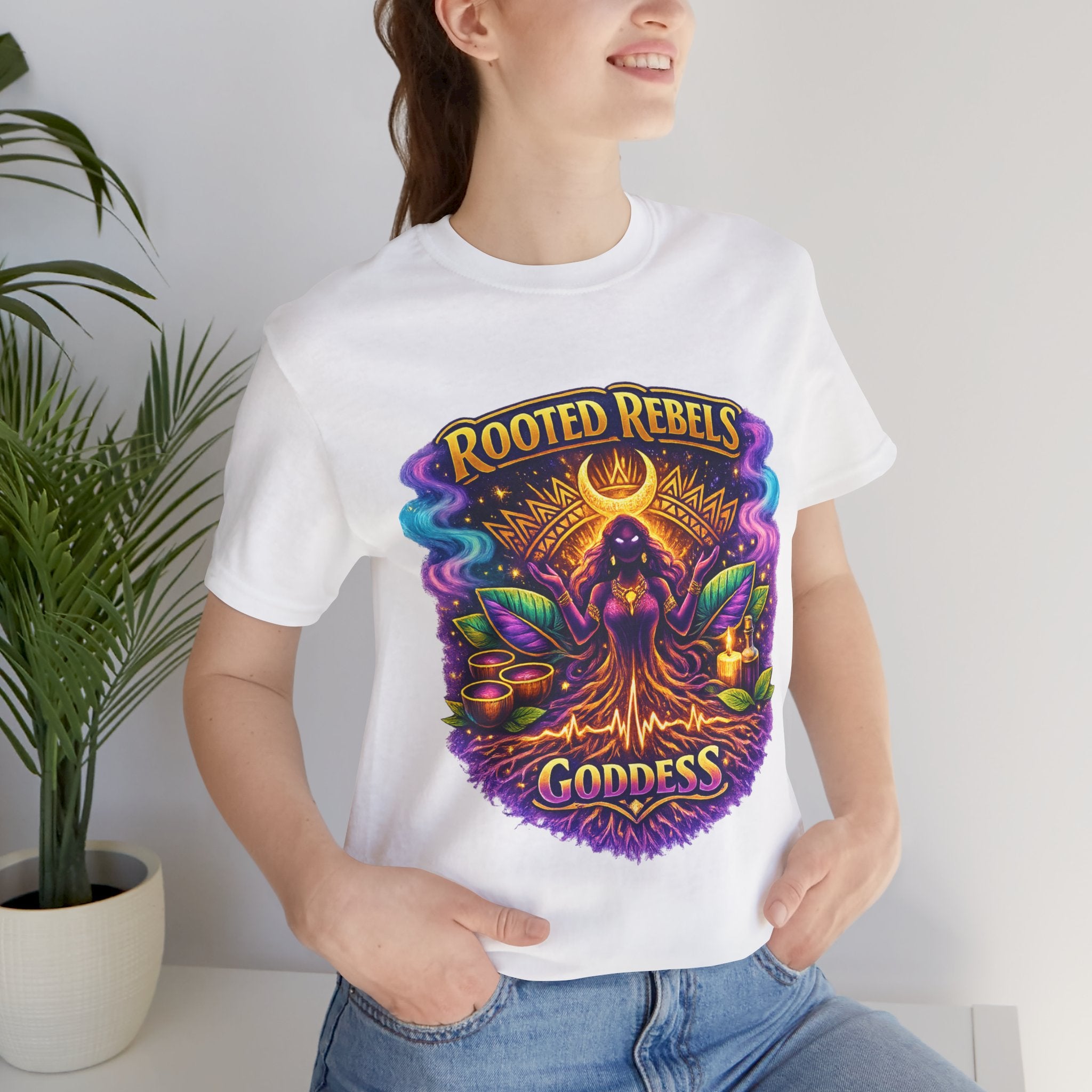 Rooted Rebels Goddess T-Shirt — Vibrant Spiritual Nature Tee