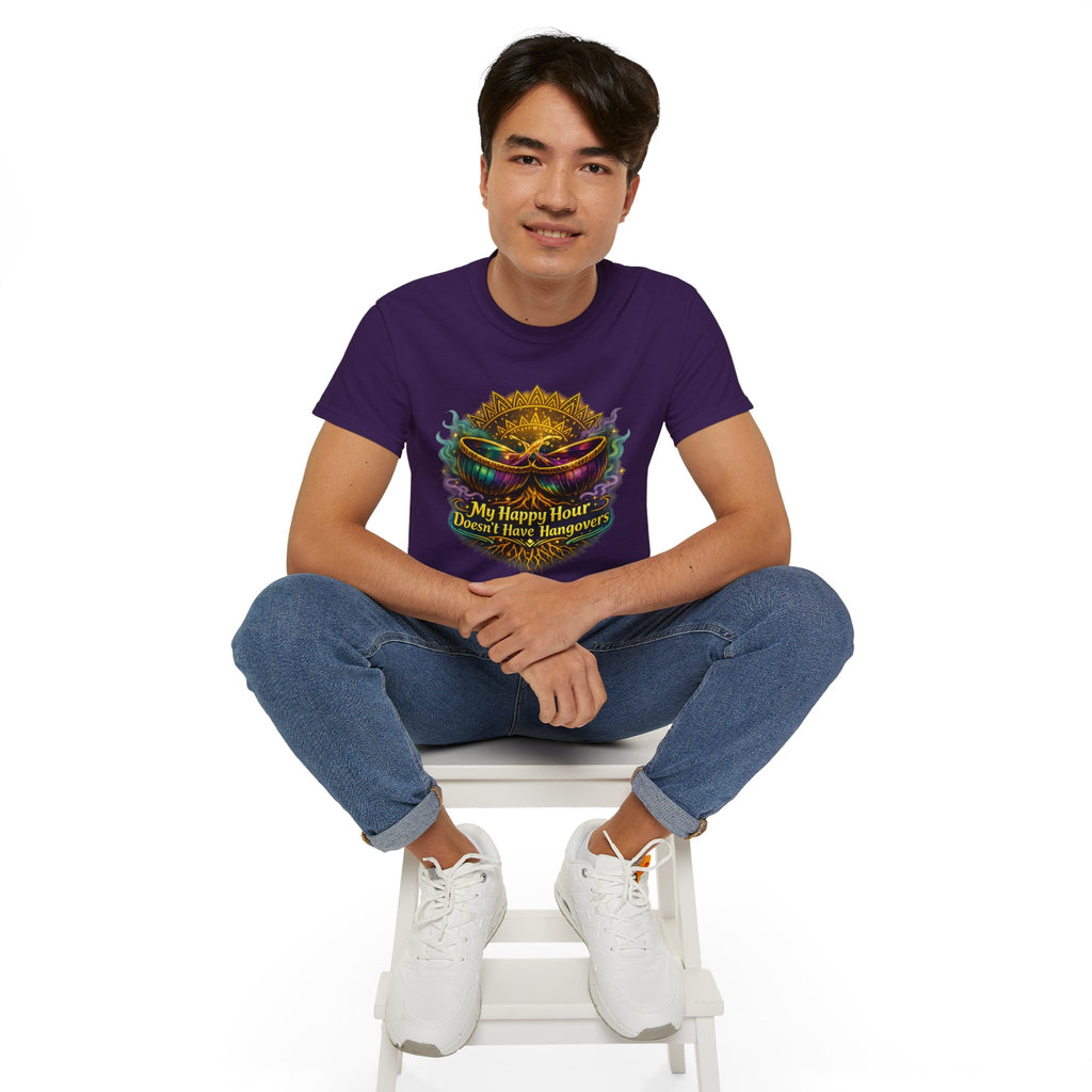 Mardi Gras Mask T-Shirt — “My Happy Hour Doesn’t Have Hangovers” Carnival Tee