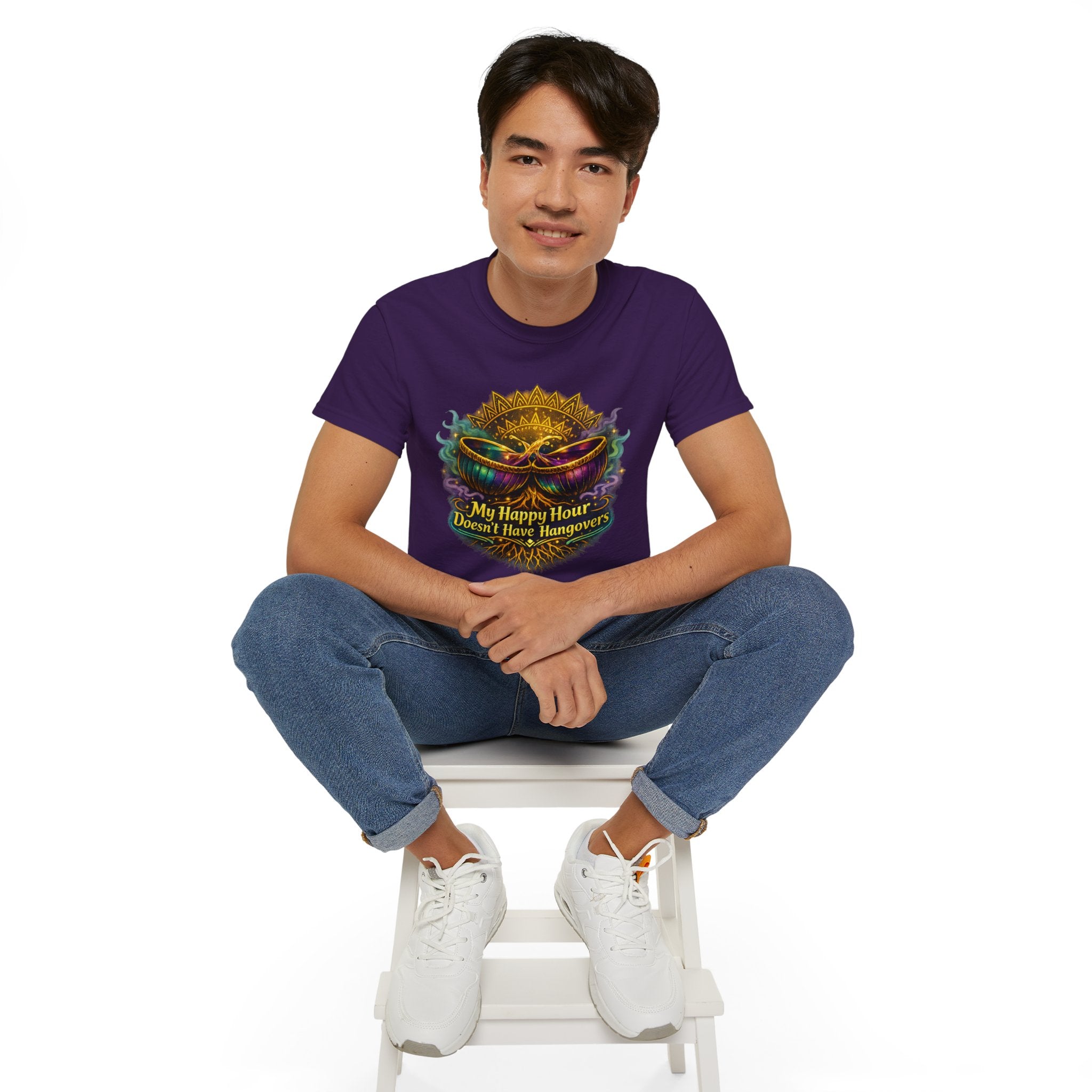 Mardi Gras Mask T-Shirt — “My Happy Hour Doesn’t Have Hangovers” Carnival Tee