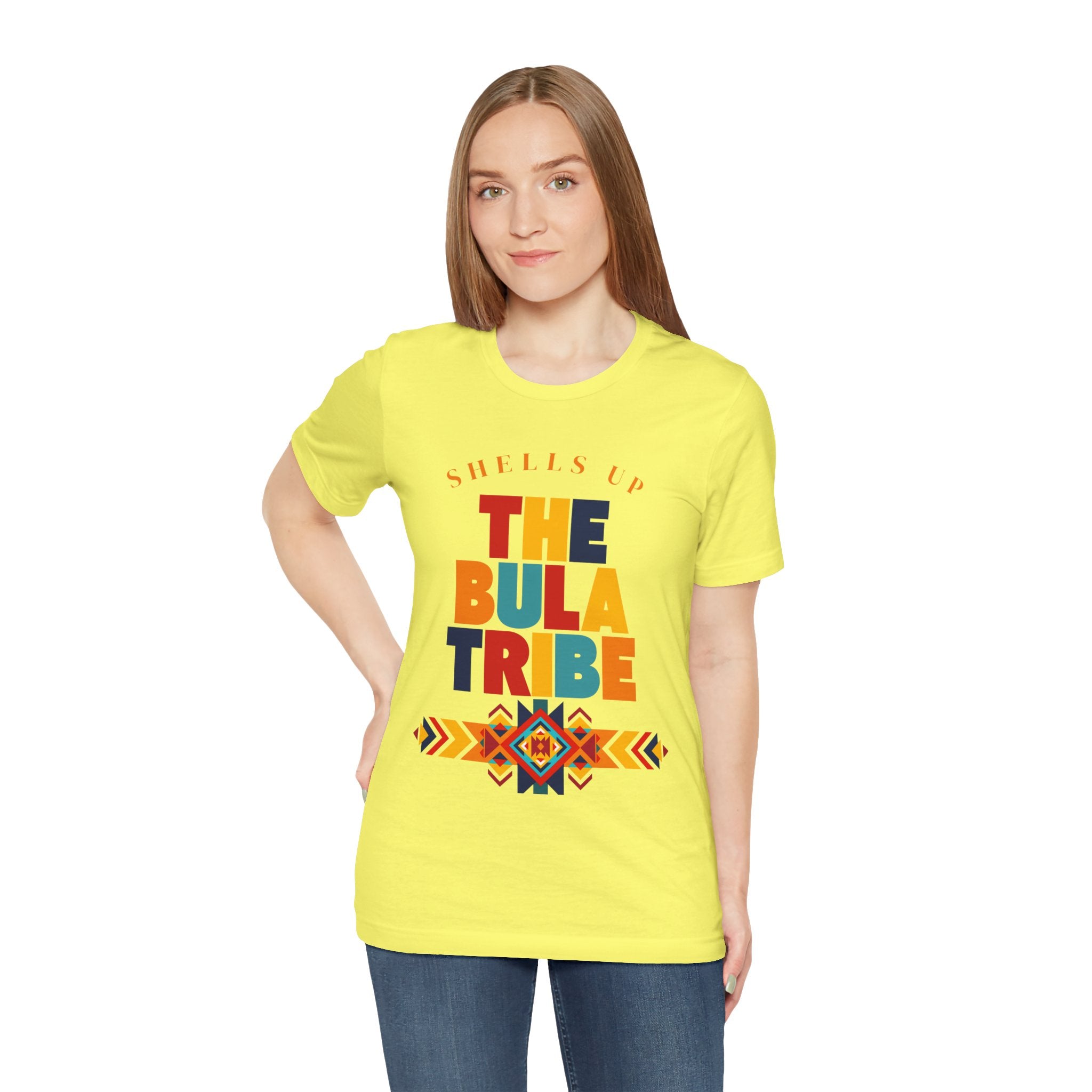 Shells Up The Bula Tribe Tee | Tropical Island Text Graphic