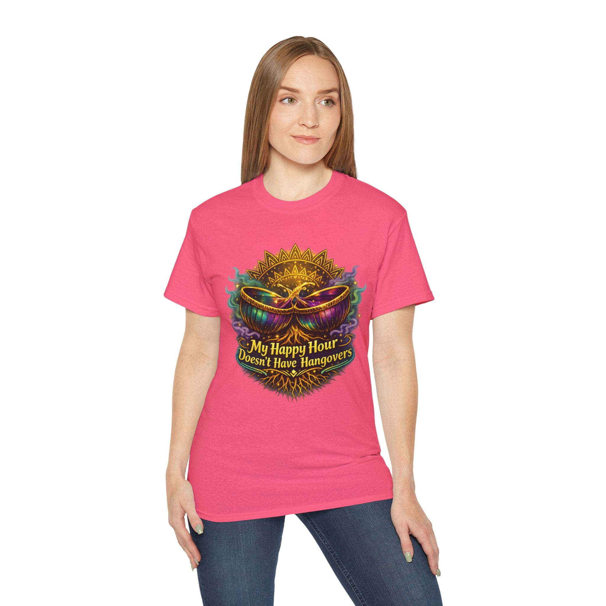 Mardi Gras Mask T-Shirt — “My Happy Hour Doesn’t Have Hangovers” Carnival Tee