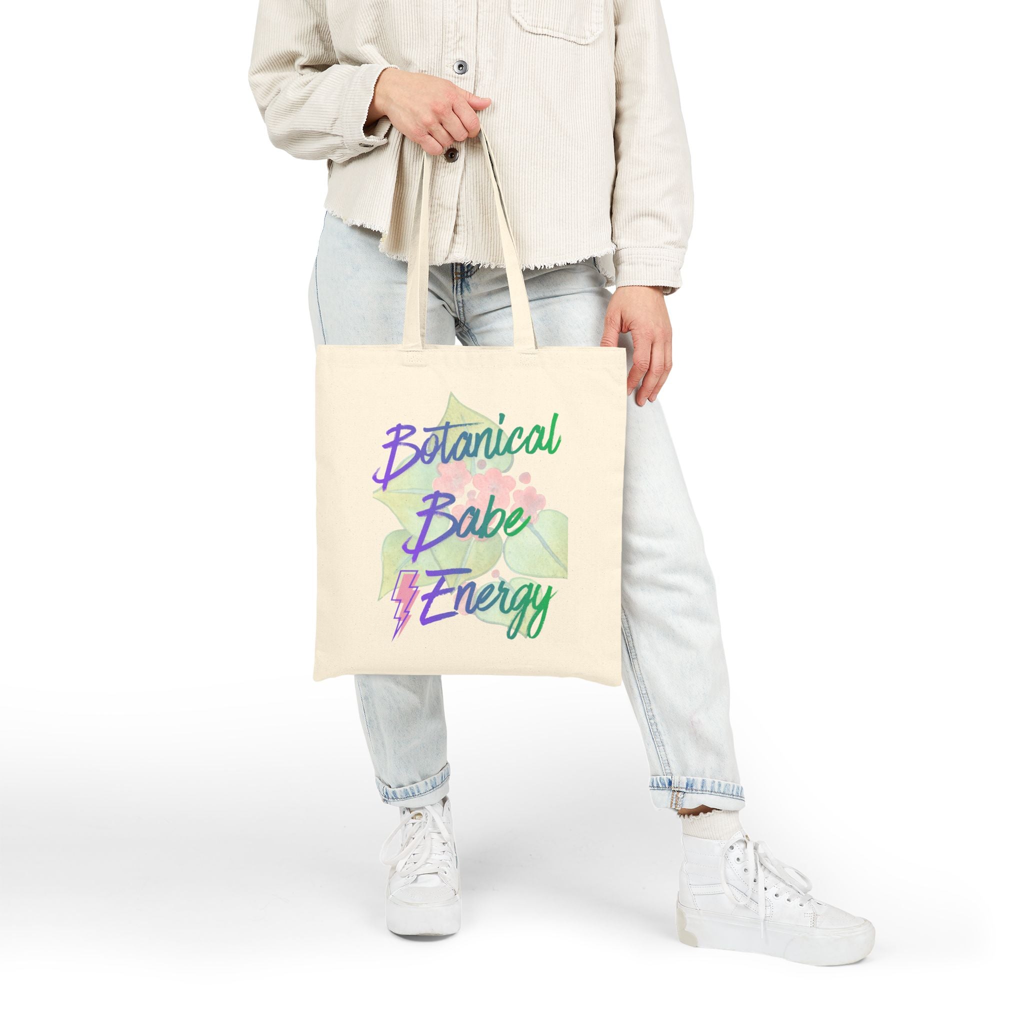 Botanical Babe Energy Tote Bag | Floral Leaves Script Design