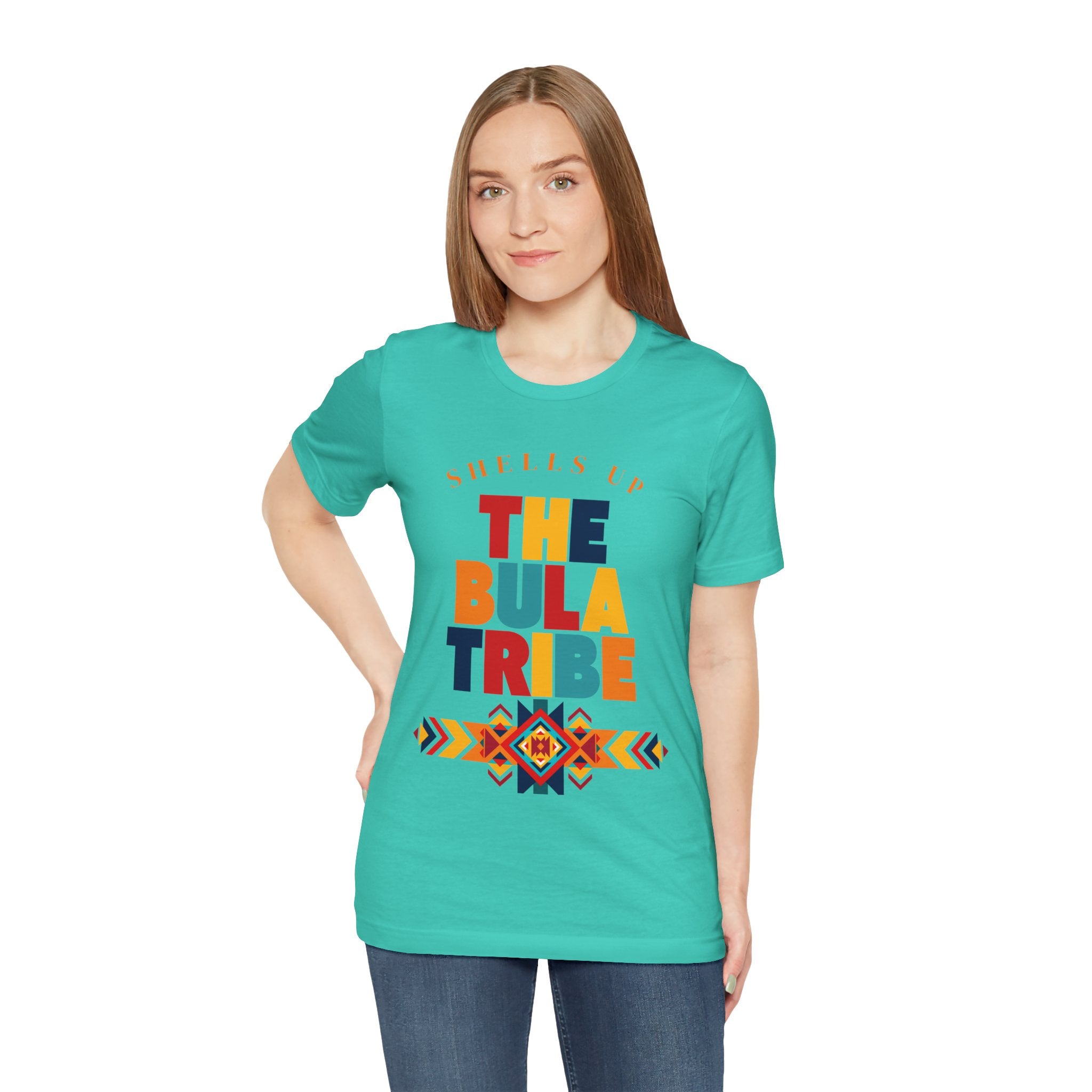 Shells Up The Bula Tribe Tee | Tropical Island Text Graphic