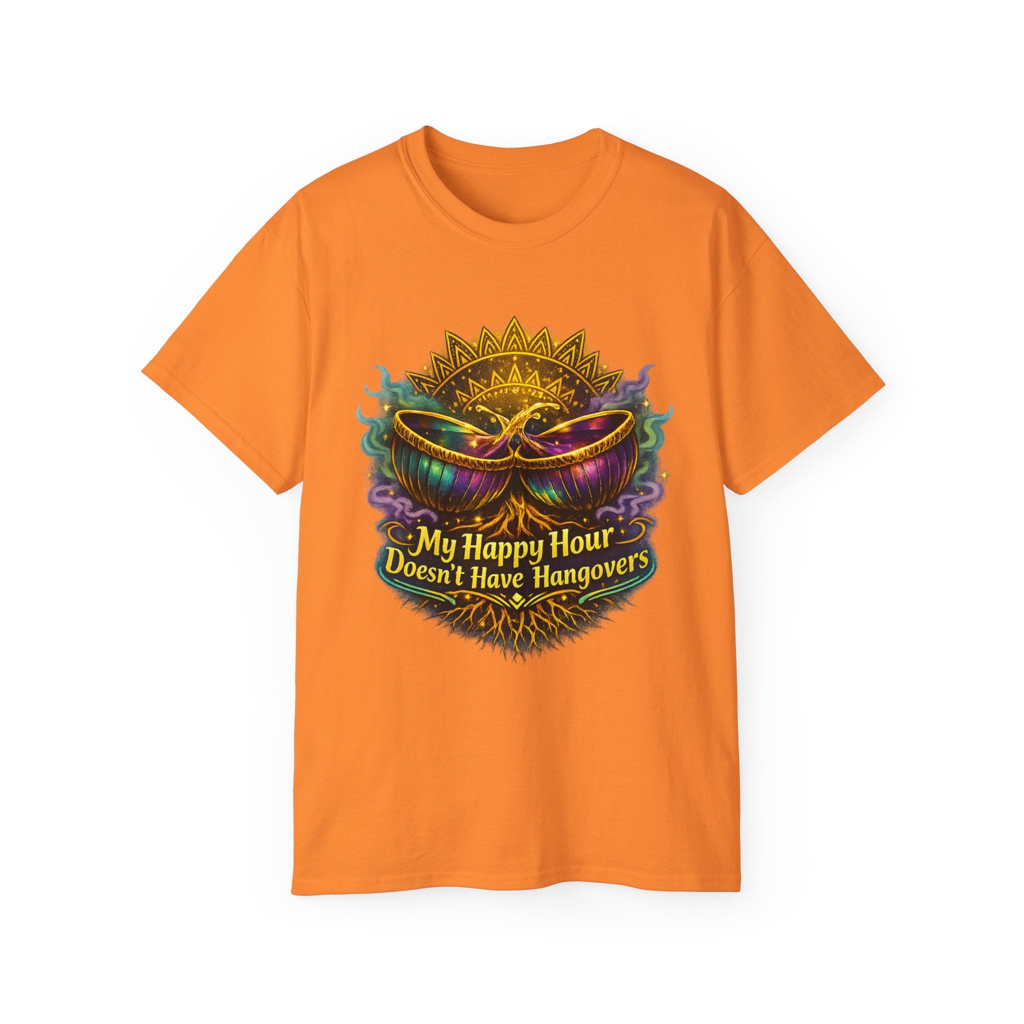 Mardi Gras Mask T-Shirt — “My Happy Hour Doesn’t Have Hangovers” Carnival Tee