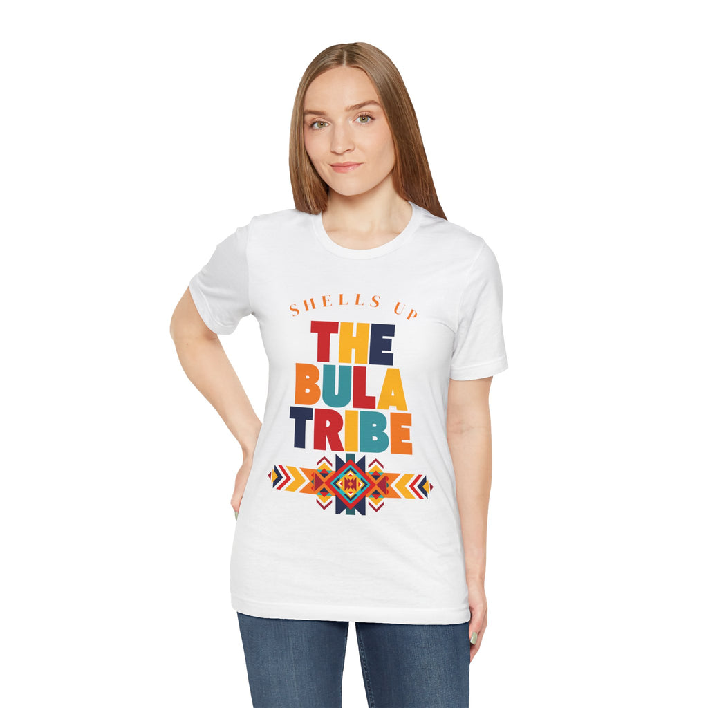 Shells Up The Bula Tribe Tee | Tropical Island Text Graphic