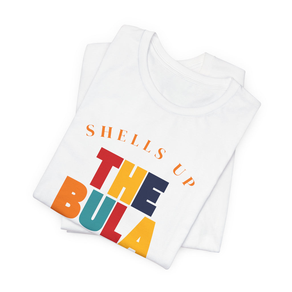 Shells Up The Bula Tribe Tee | Tropical Island Text Graphic