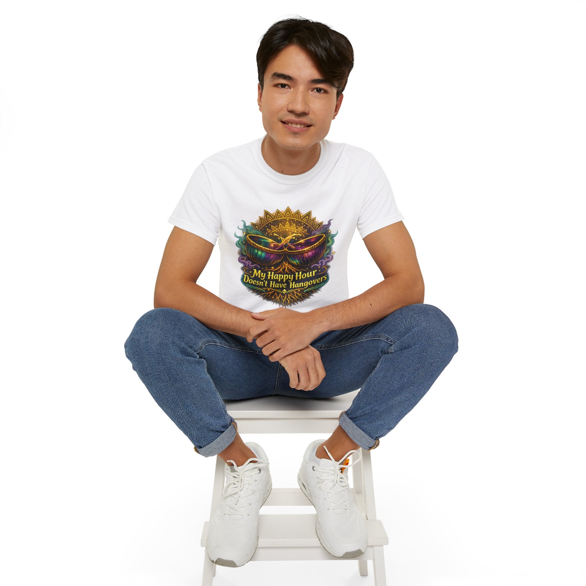 Mardi Gras Mask T-Shirt — “My Happy Hour Doesn’t Have Hangovers” Carnival Tee