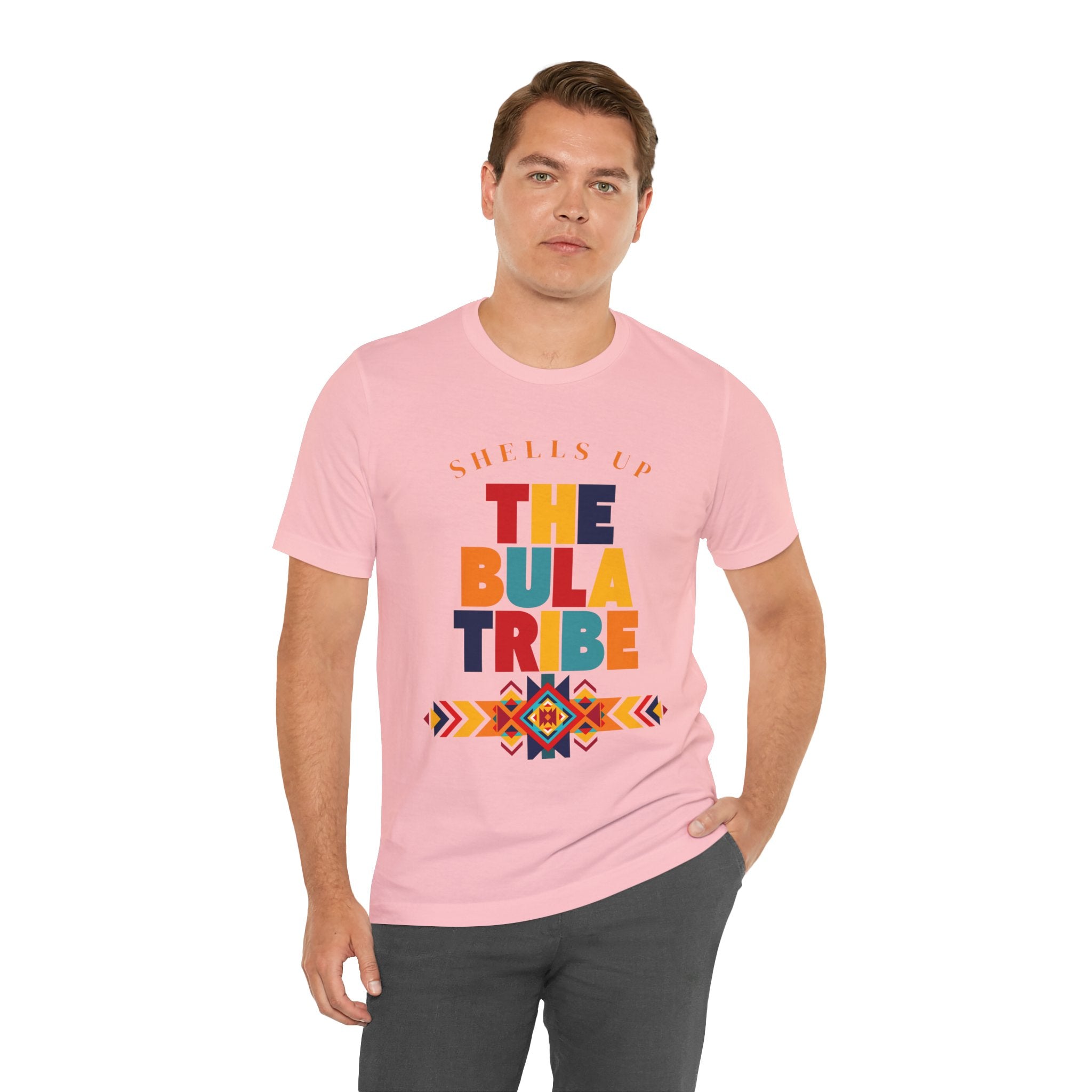 Shells Up The Bula Tribe Tee | Tropical Island Text Graphic