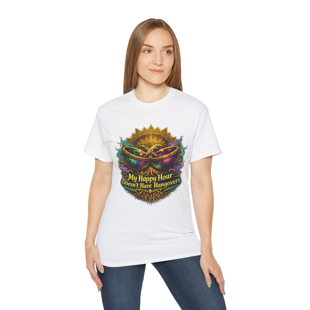Mardi Gras Mask T-Shirt — “My Happy Hour Doesn’t Have Hangovers” Carnival Tee