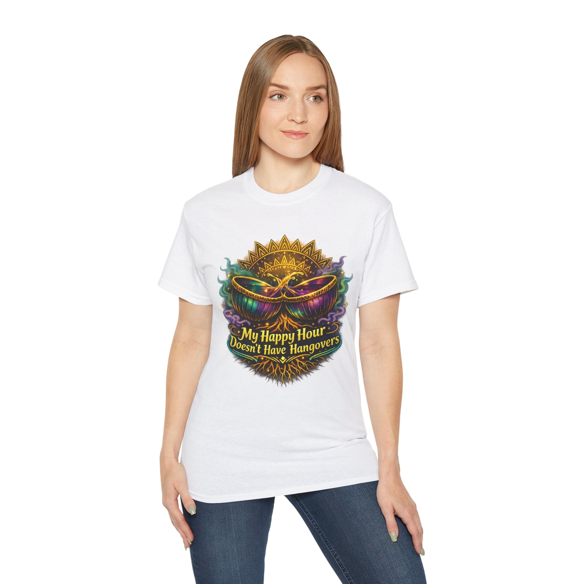 Mardi Gras Mask T-Shirt — “My Happy Hour Doesn’t Have Hangovers” Carnival Tee