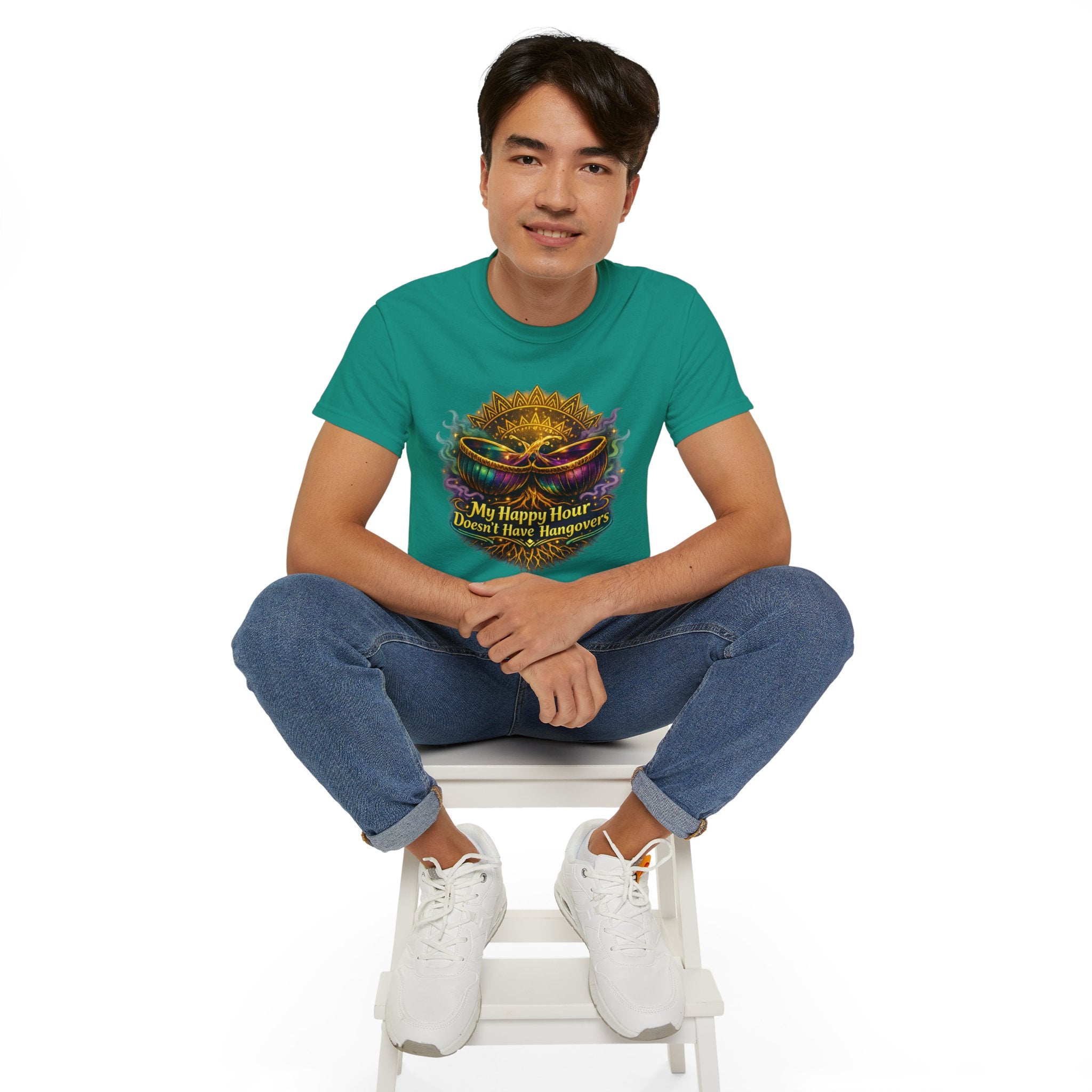Mardi Gras Mask T-Shirt — “My Happy Hour Doesn’t Have Hangovers” Carnival Tee