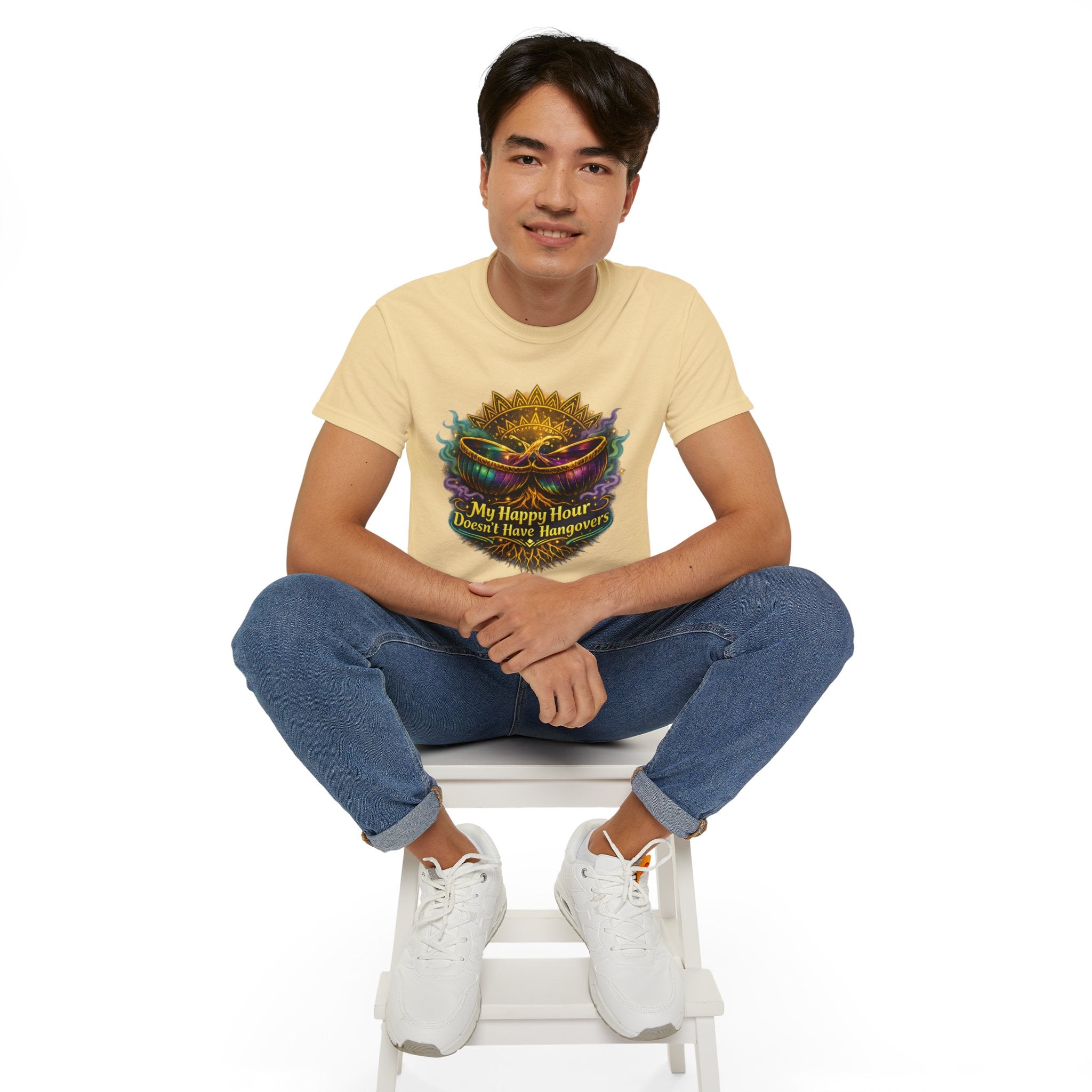 Mardi Gras Mask T-Shirt — “My Happy Hour Doesn’t Have Hangovers” Carnival Tee