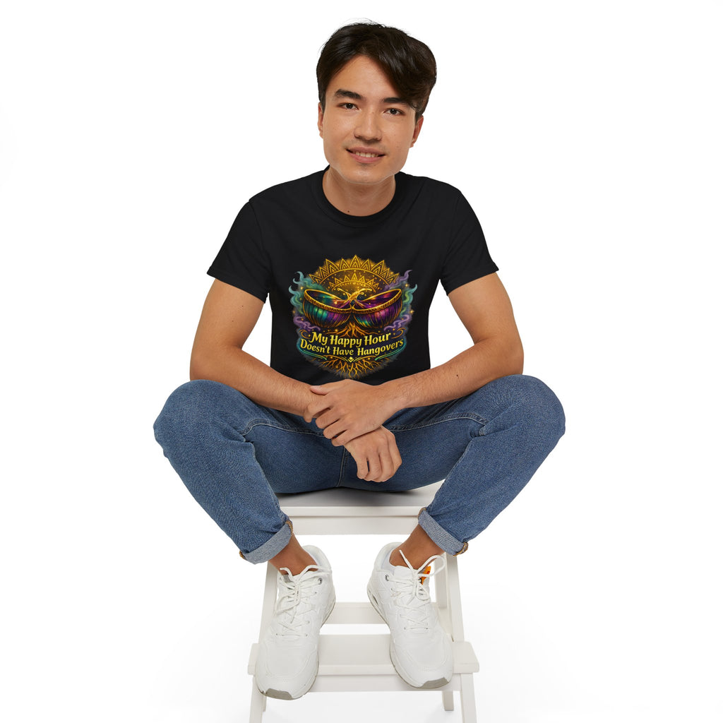 Mardi Gras Mask T-Shirt — “My Happy Hour Doesn’t Have Hangovers” Carnival Tee
