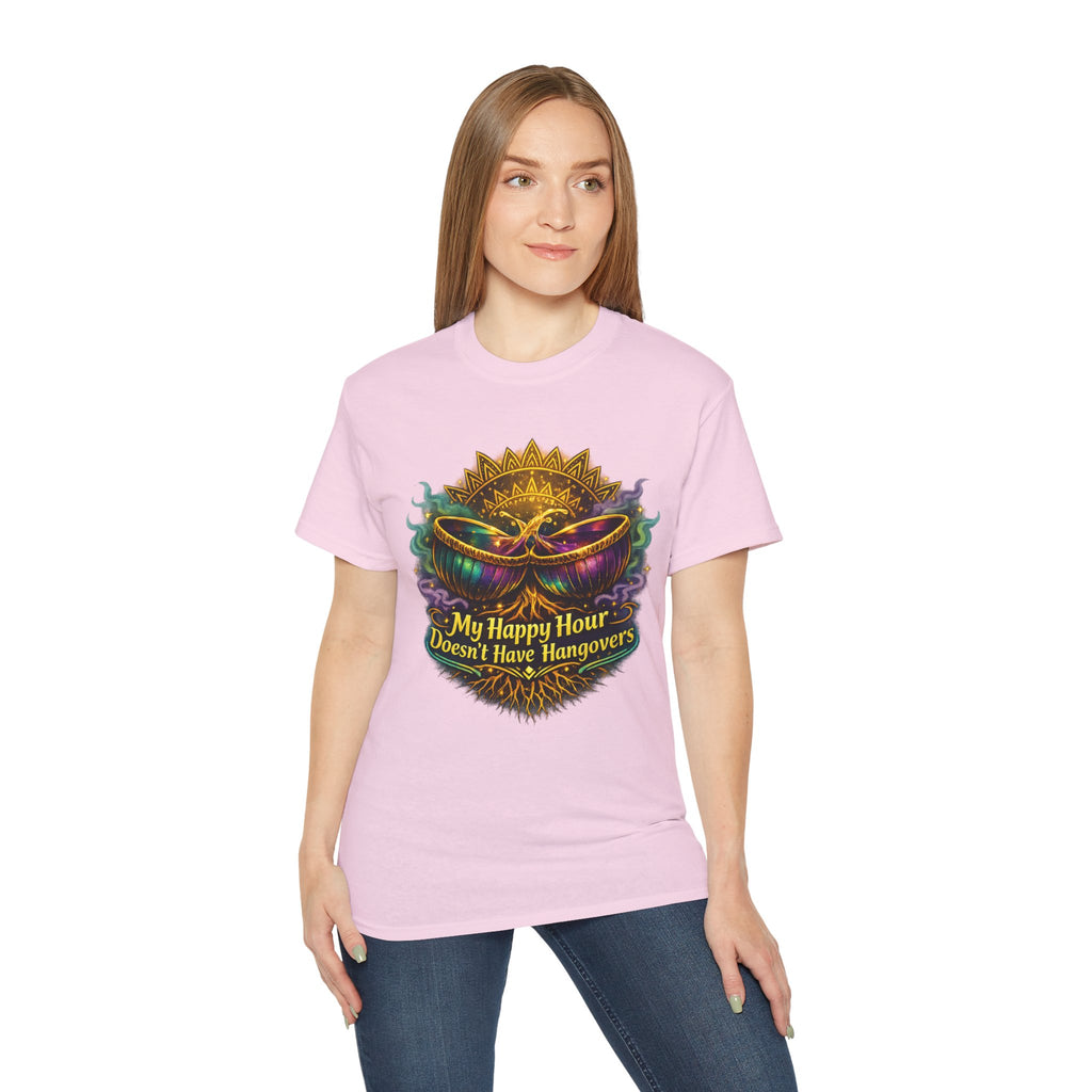 Mardi Gras Mask T-Shirt — “My Happy Hour Doesn’t Have Hangovers” Carnival Tee