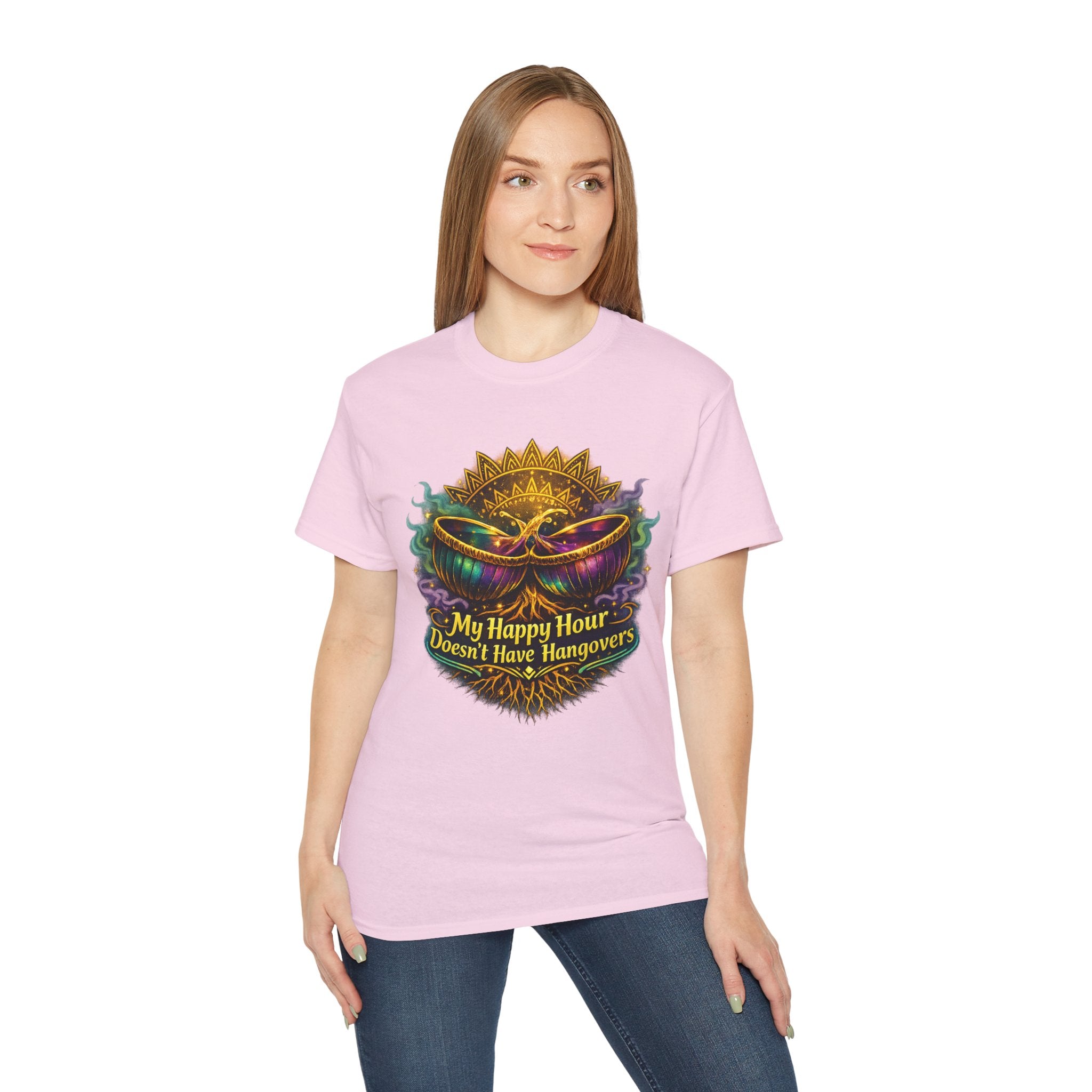 Mardi Gras Mask T-Shirt — “My Happy Hour Doesn’t Have Hangovers” Carnival Tee