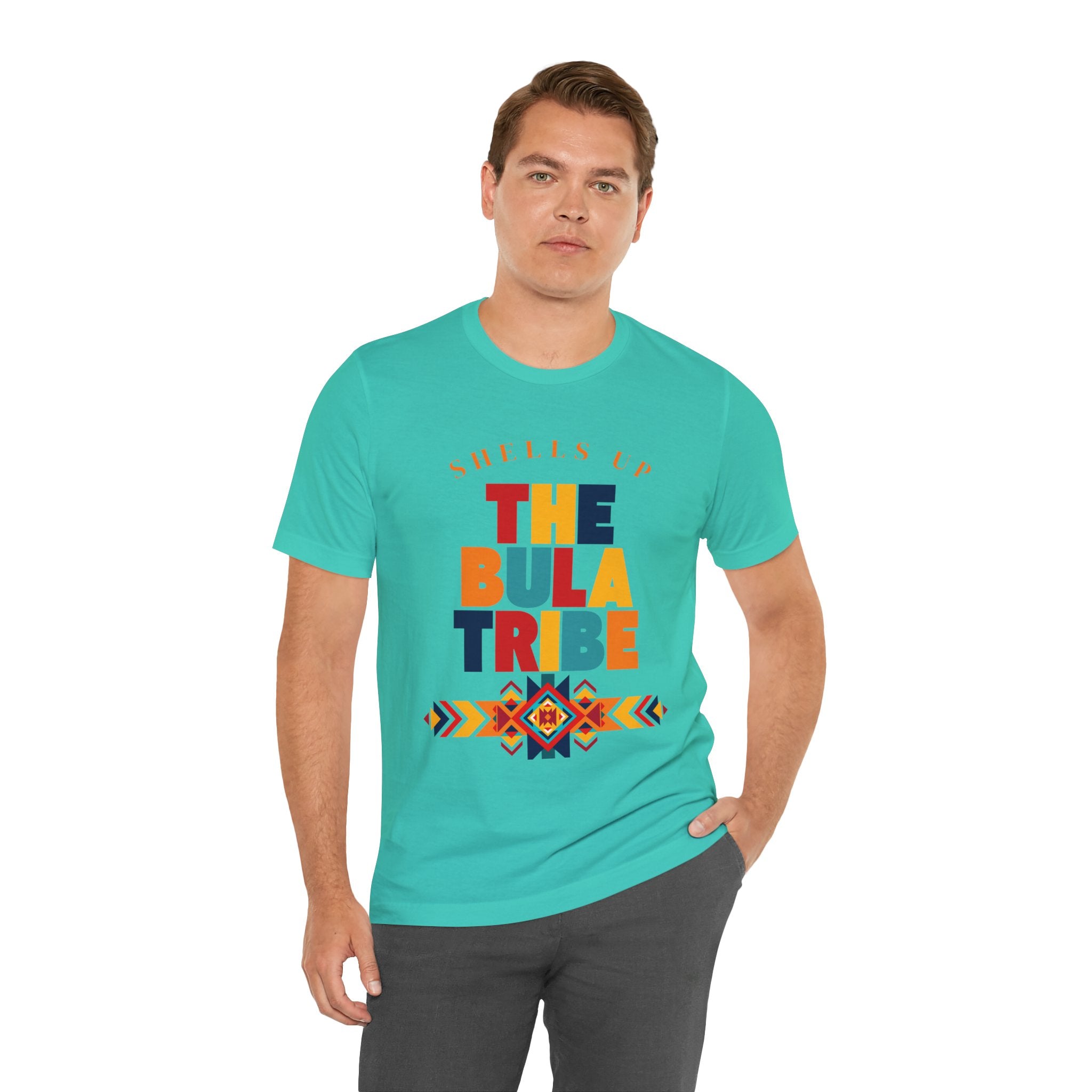 Shells Up The Bula Tribe Tee | Tropical Island Text Graphic