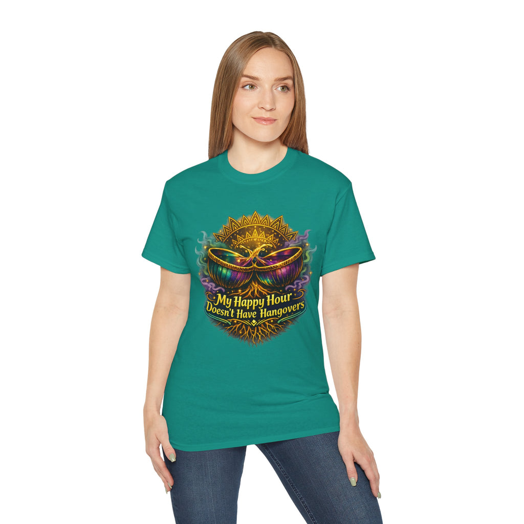 Mardi Gras Mask T-Shirt — “My Happy Hour Doesn’t Have Hangovers” Carnival Tee