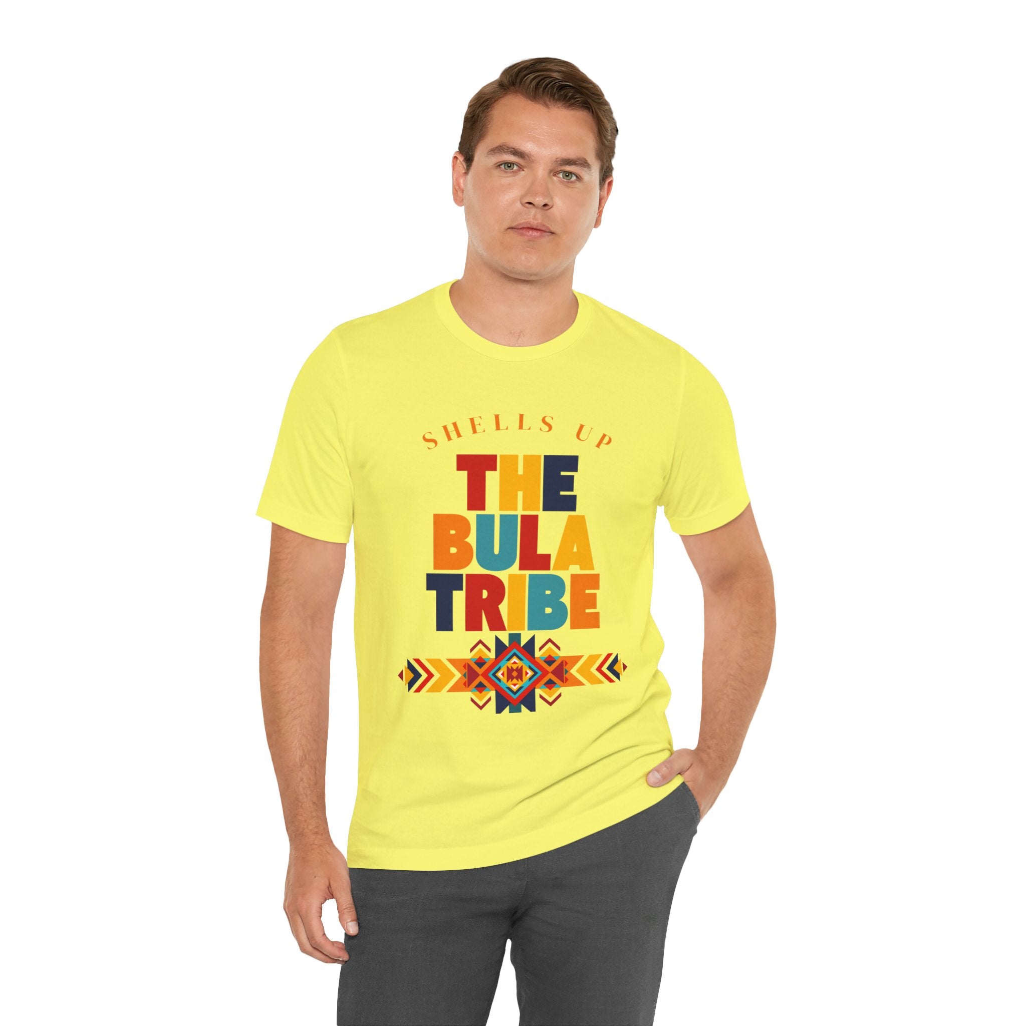 Shells Up The Bula Tribe Tee | Tropical Island Text Graphic