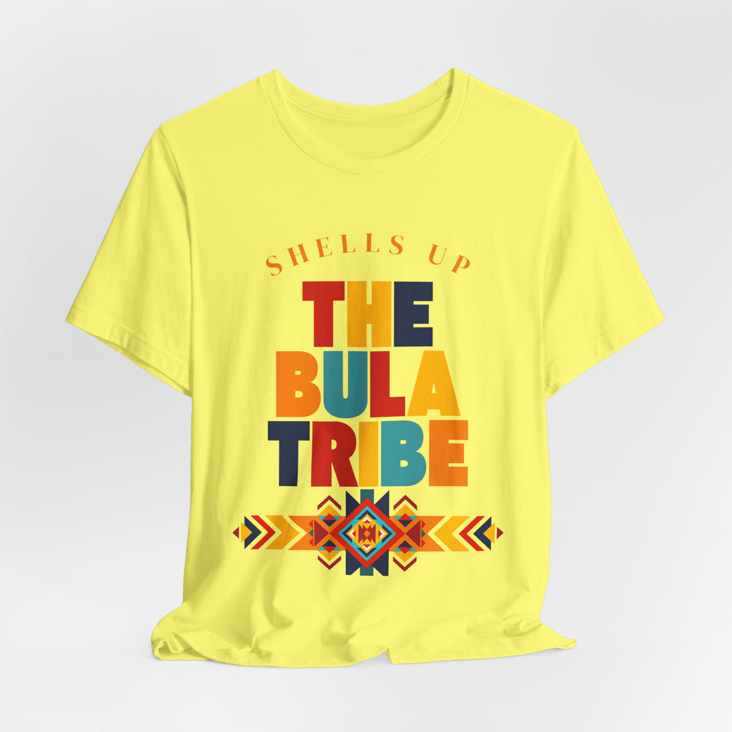 Shells Up The Bula Tribe Tee | Tropical Island Text Graphic