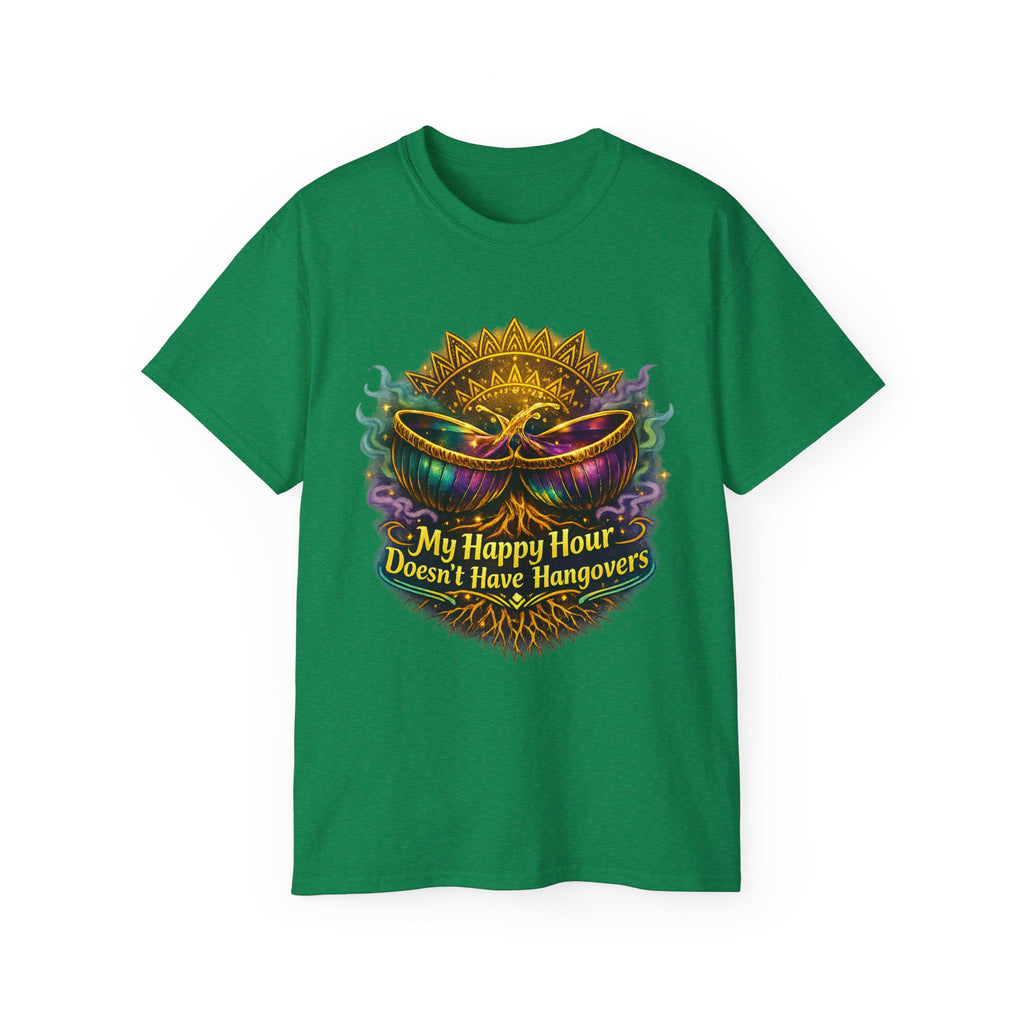 Mardi Gras Mask T-Shirt — “My Happy Hour Doesn’t Have Hangovers” Carnival Tee