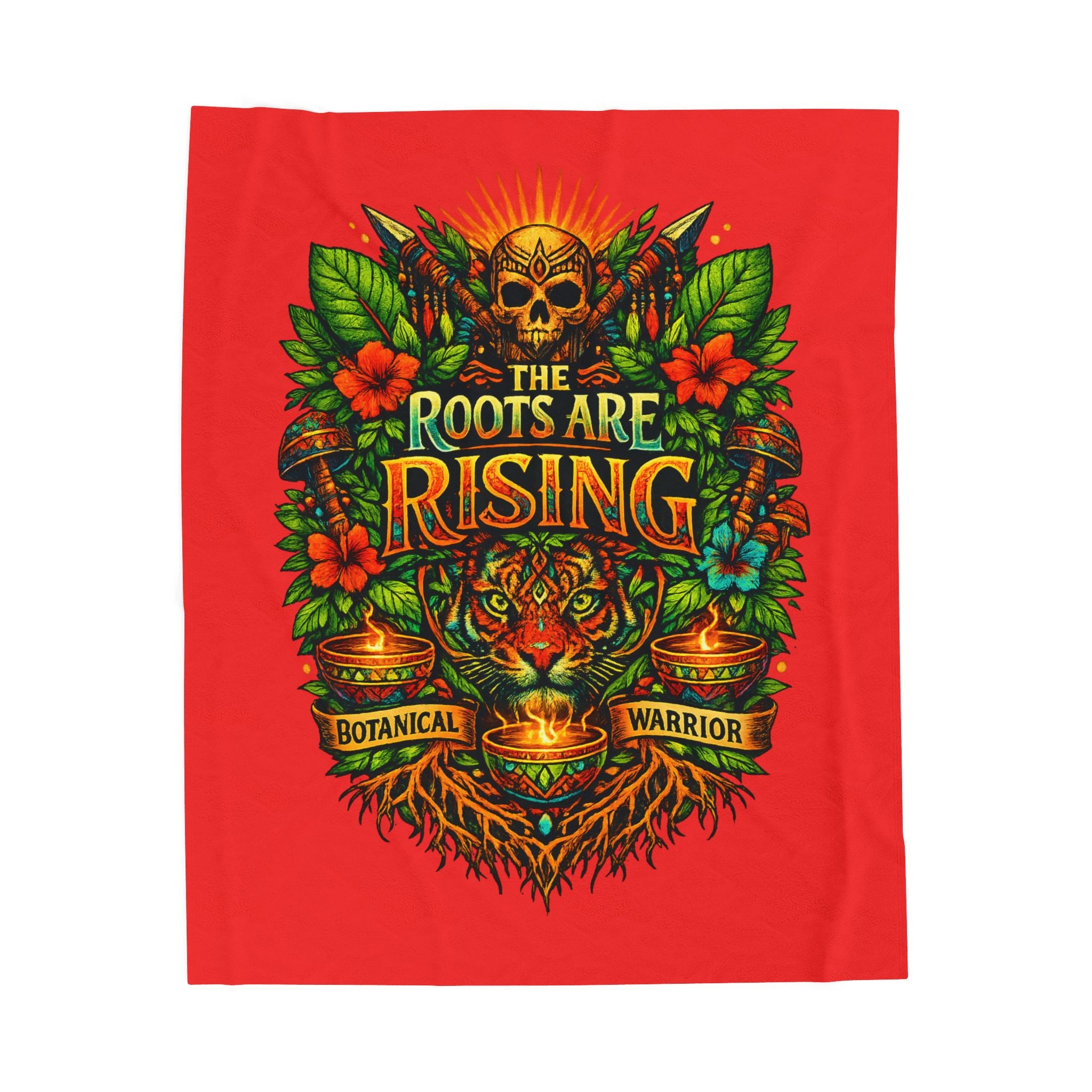 The Roots Are Rising Velveteen Plush Blanket — Botanical Warrior Skull & Tiger Throw