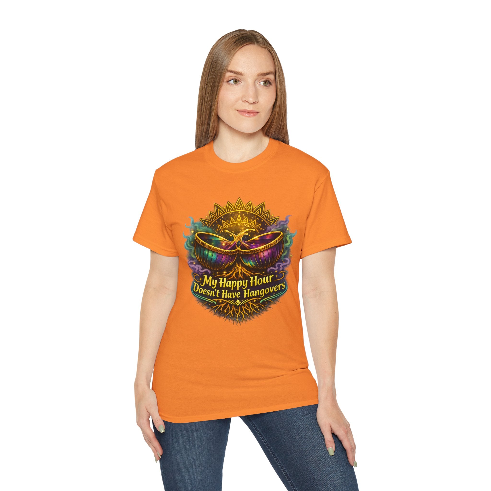 Mardi Gras Mask T-Shirt — “My Happy Hour Doesn’t Have Hangovers” Carnival Tee