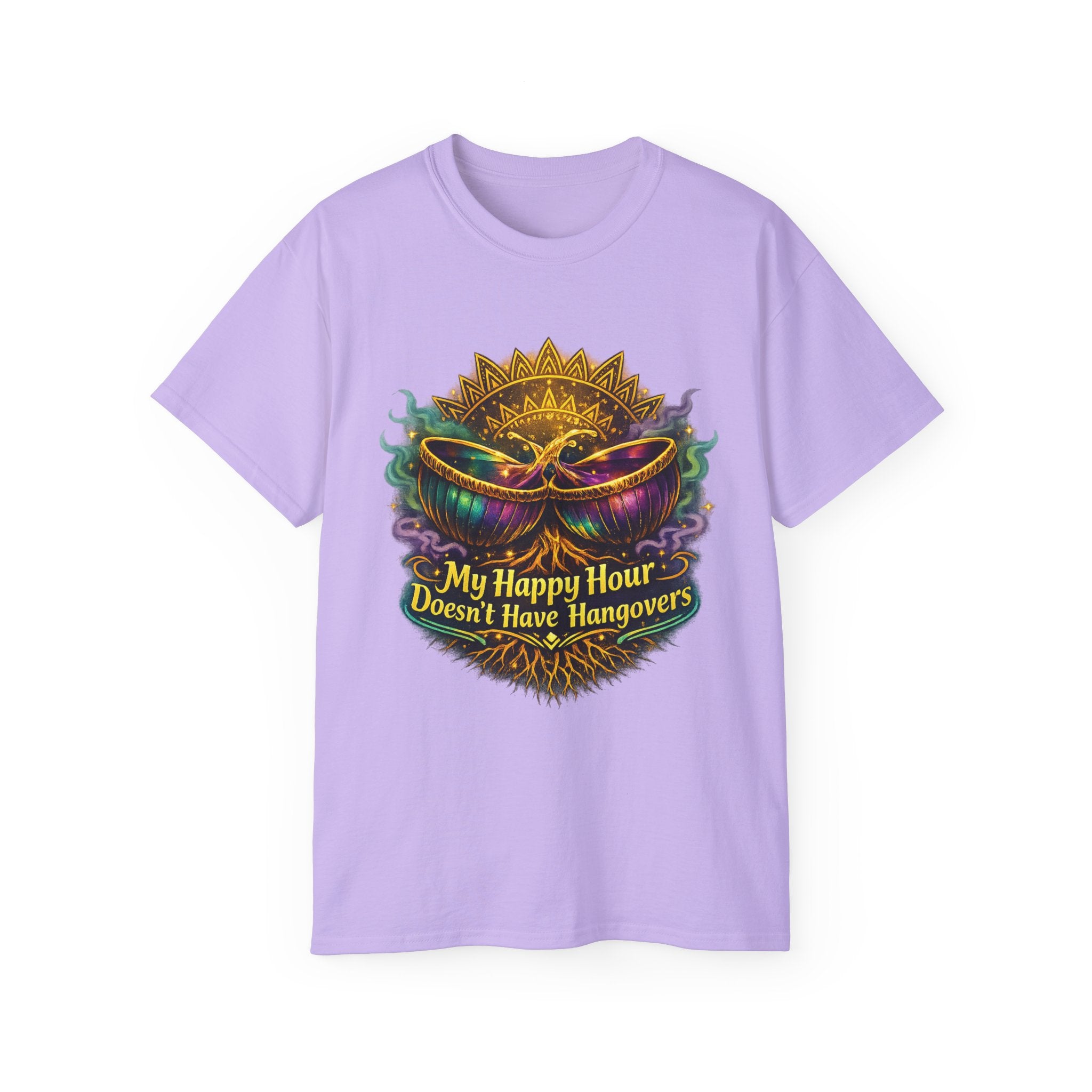 Mardi Gras Mask T-Shirt — “My Happy Hour Doesn’t Have Hangovers” Carnival Tee