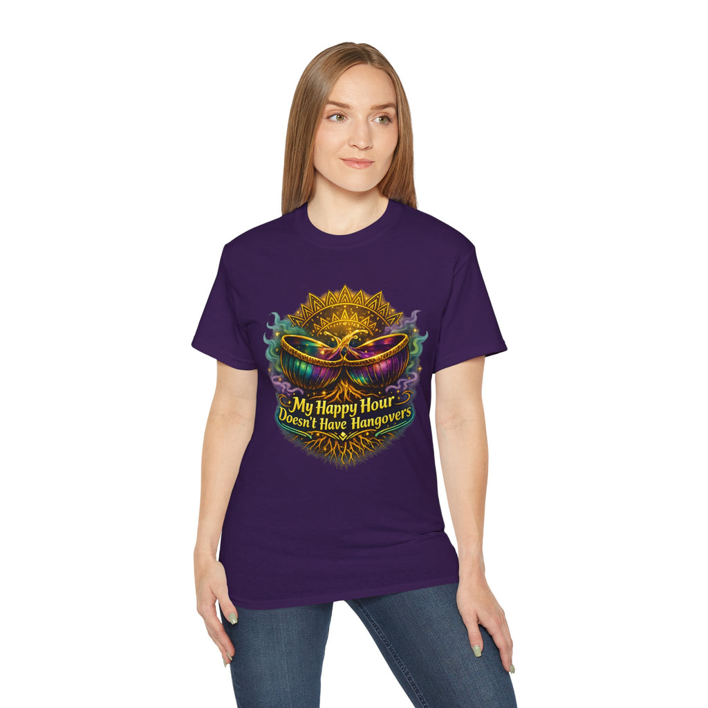 Mardi Gras Mask T-Shirt — “My Happy Hour Doesn’t Have Hangovers” Carnival Tee