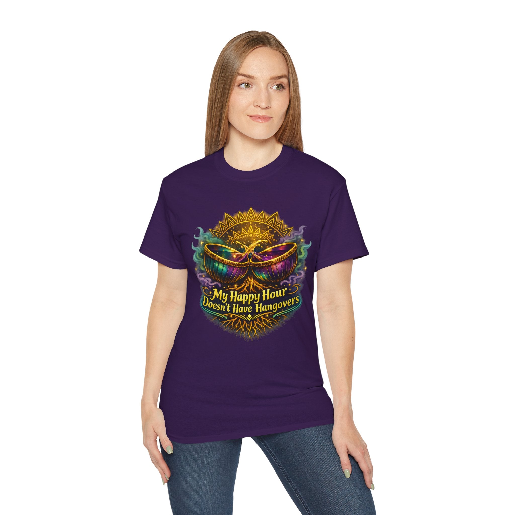 Mardi Gras Mask T-Shirt — “My Happy Hour Doesn’t Have Hangovers” Carnival Tee
