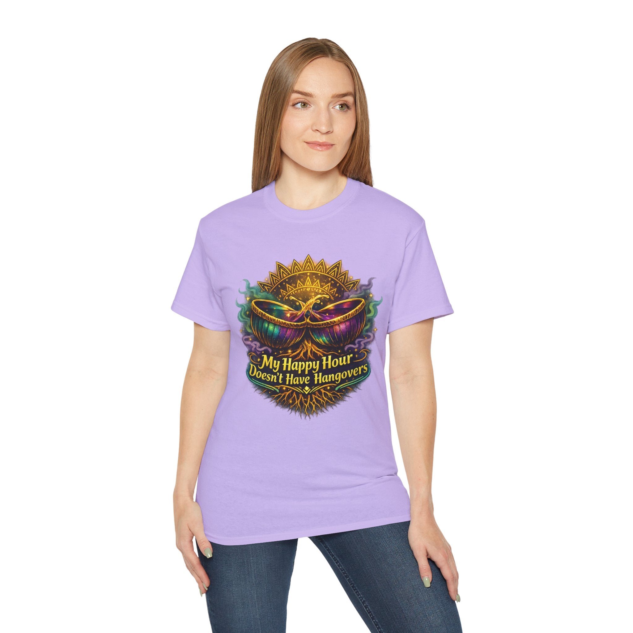 Mardi Gras Mask T-Shirt — “My Happy Hour Doesn’t Have Hangovers” Carnival Tee