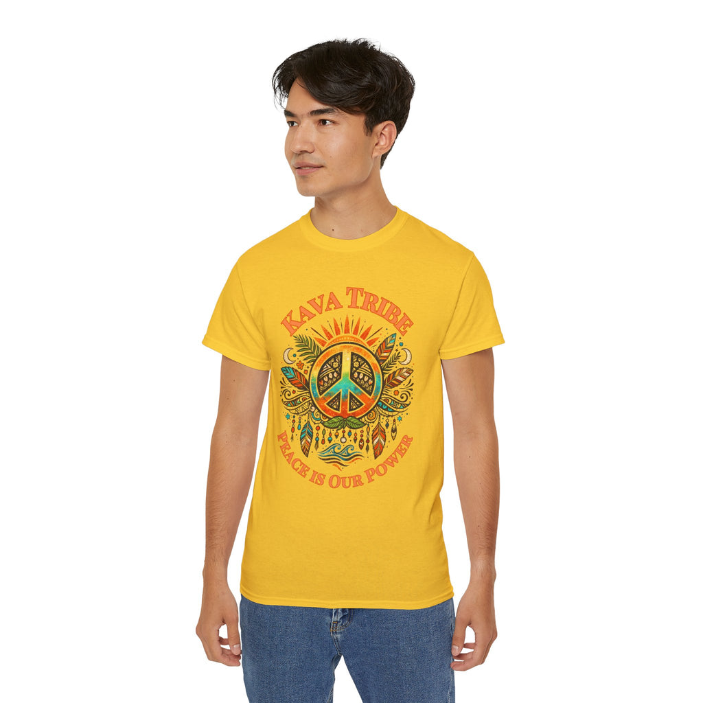 Peace Tribe Graphic Tee — "Kava Tribe: Peace Is Our Power" Retro Peace Sign T-Shirt