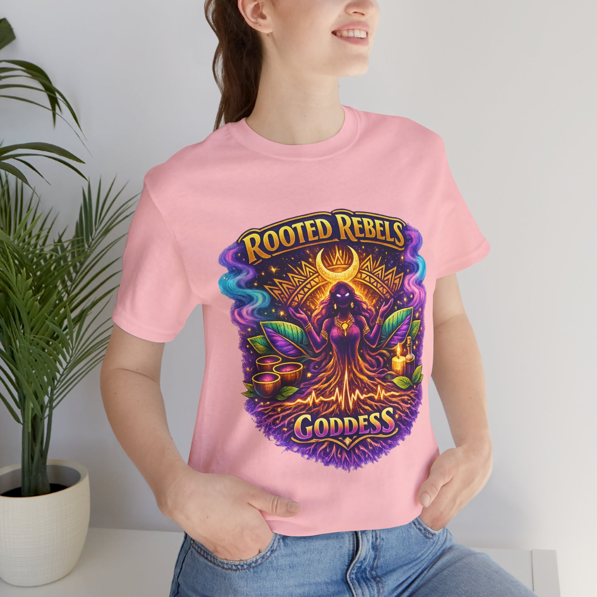Rooted Rebels Goddess T-Shirt — Vibrant Spiritual Nature Tee