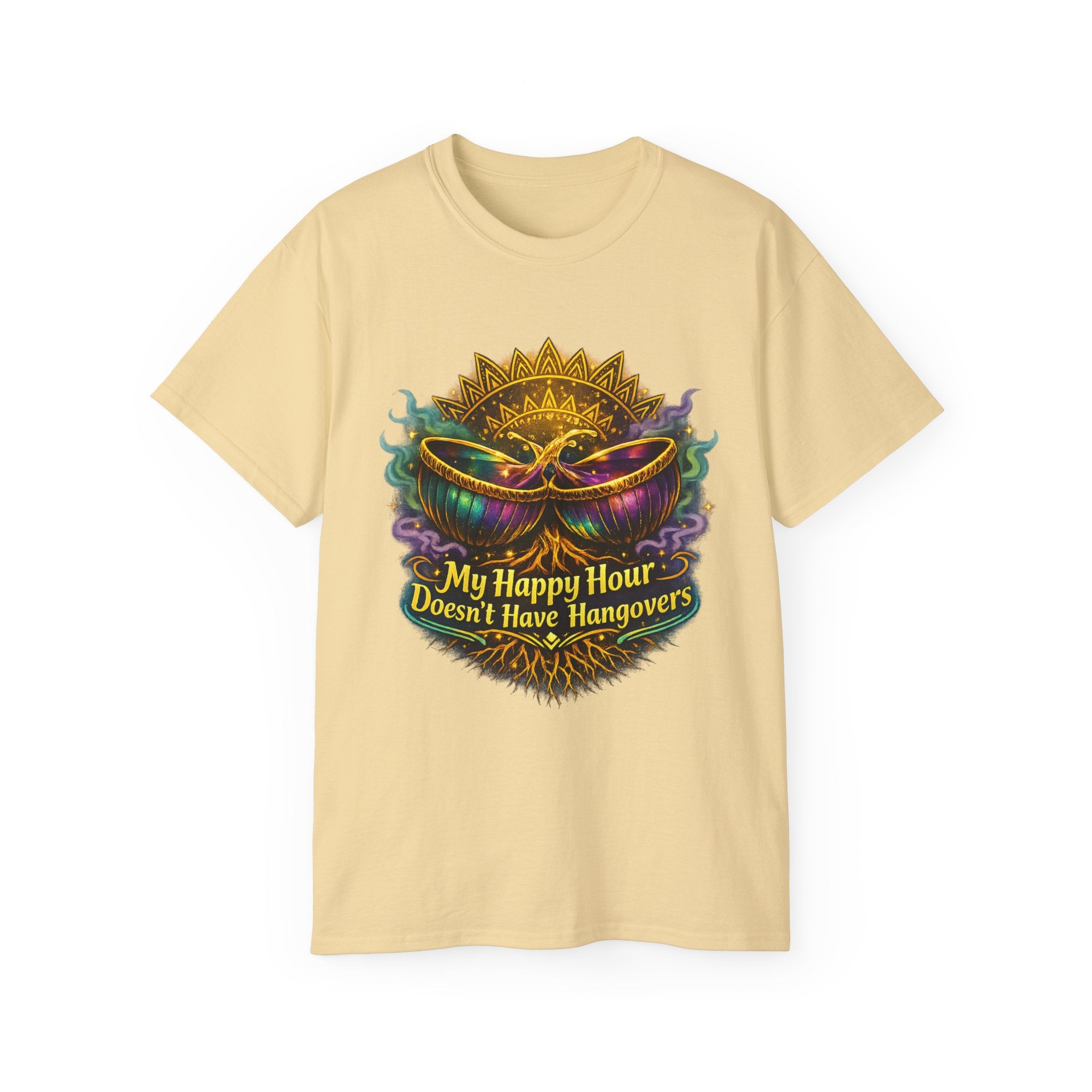 Mardi Gras Mask T-Shirt — “My Happy Hour Doesn’t Have Hangovers” Carnival Tee