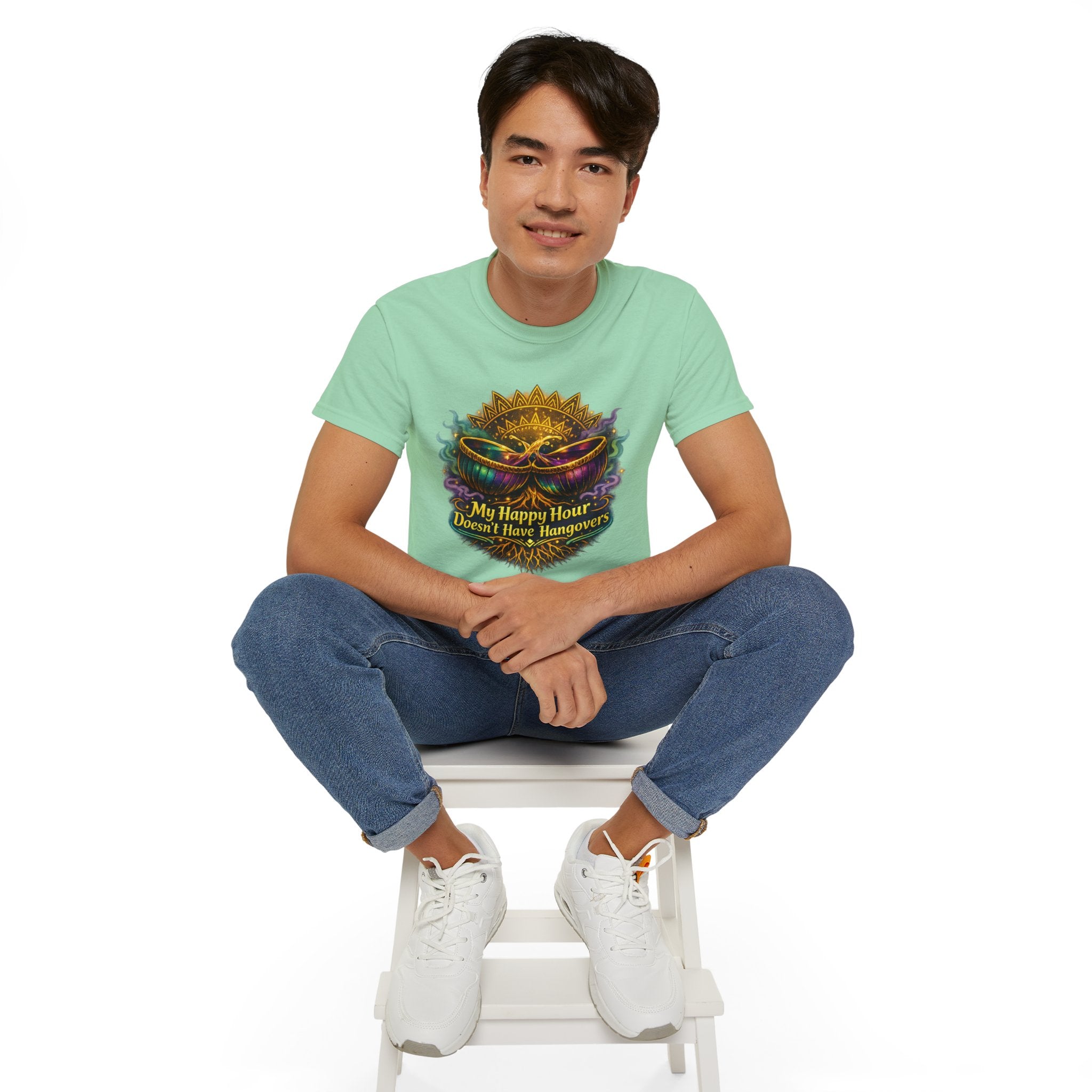 Mardi Gras Mask T-Shirt — “My Happy Hour Doesn’t Have Hangovers” Carnival Tee
