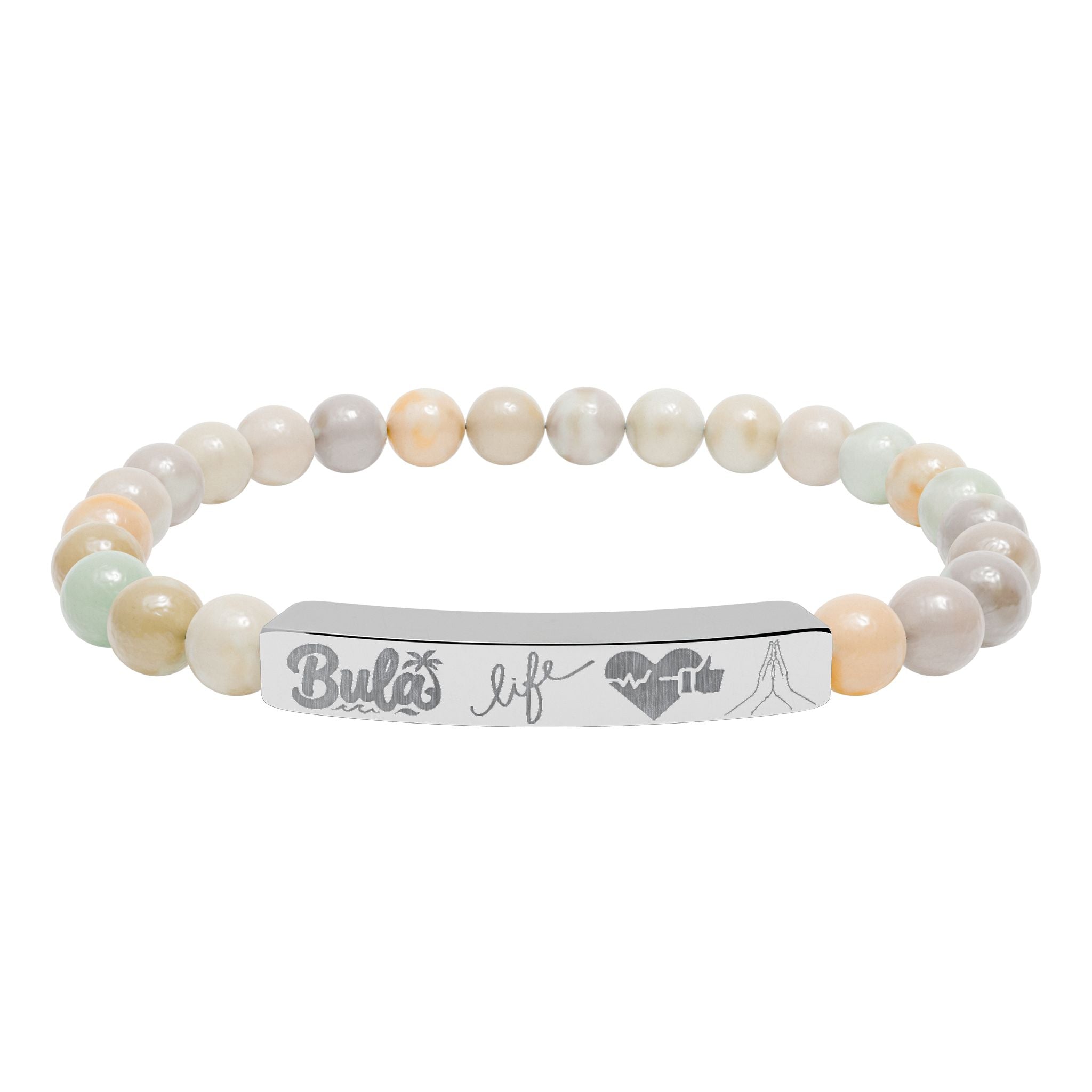 Bula- Life, Good Health, Blessings | Natural Stone Beaded Bar Bracelet — Personalized Stretch Bracelet