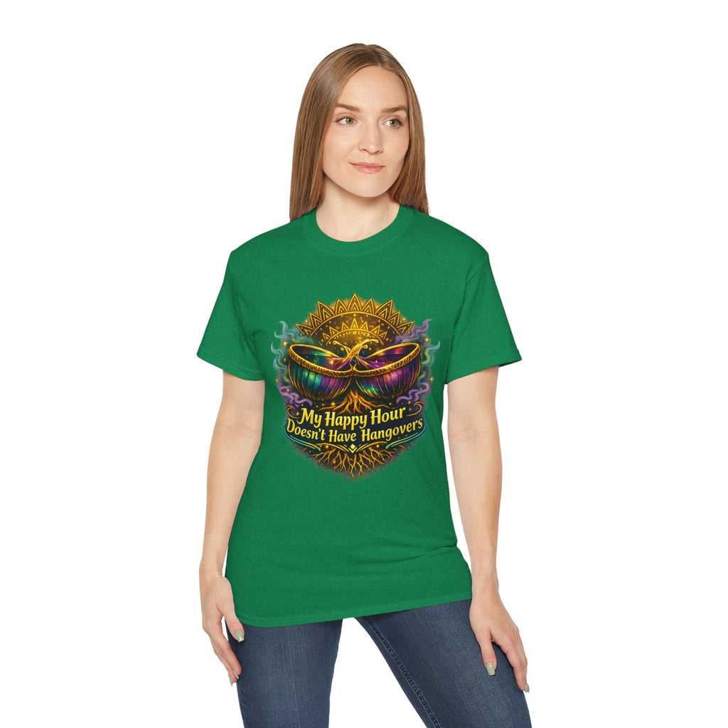 Mardi Gras Mask T-Shirt — “My Happy Hour Doesn’t Have Hangovers” Carnival Tee