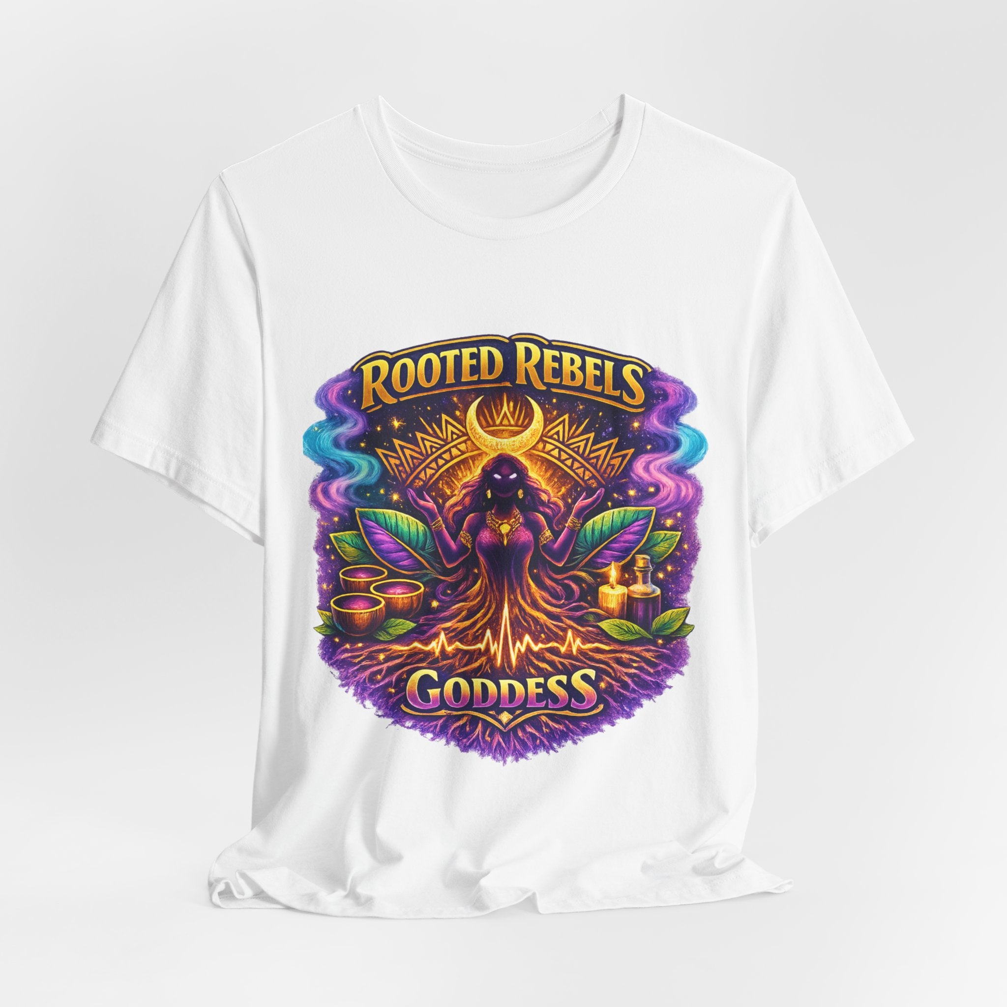 Rooted Rebels Goddess T-Shirt — Vibrant Spiritual Nature Tee