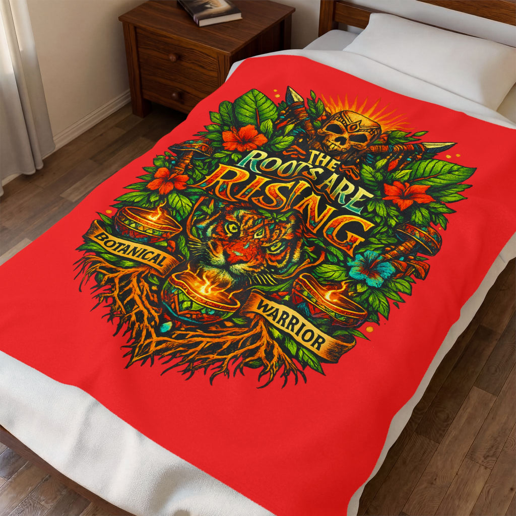 The Roots Are Rising Velveteen Plush Blanket — Botanical Warrior Skull & Tiger Throw