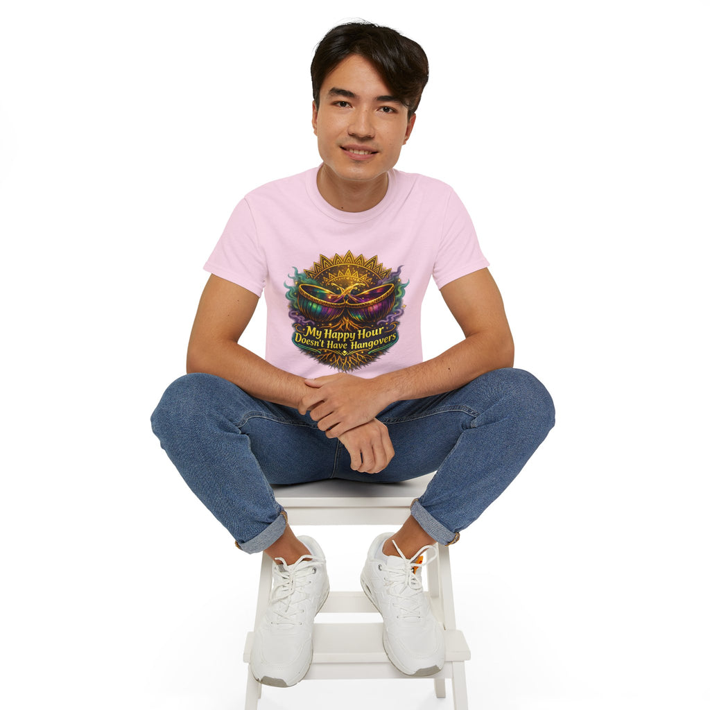 Mardi Gras Mask T-Shirt — “My Happy Hour Doesn’t Have Hangovers” Carnival Tee