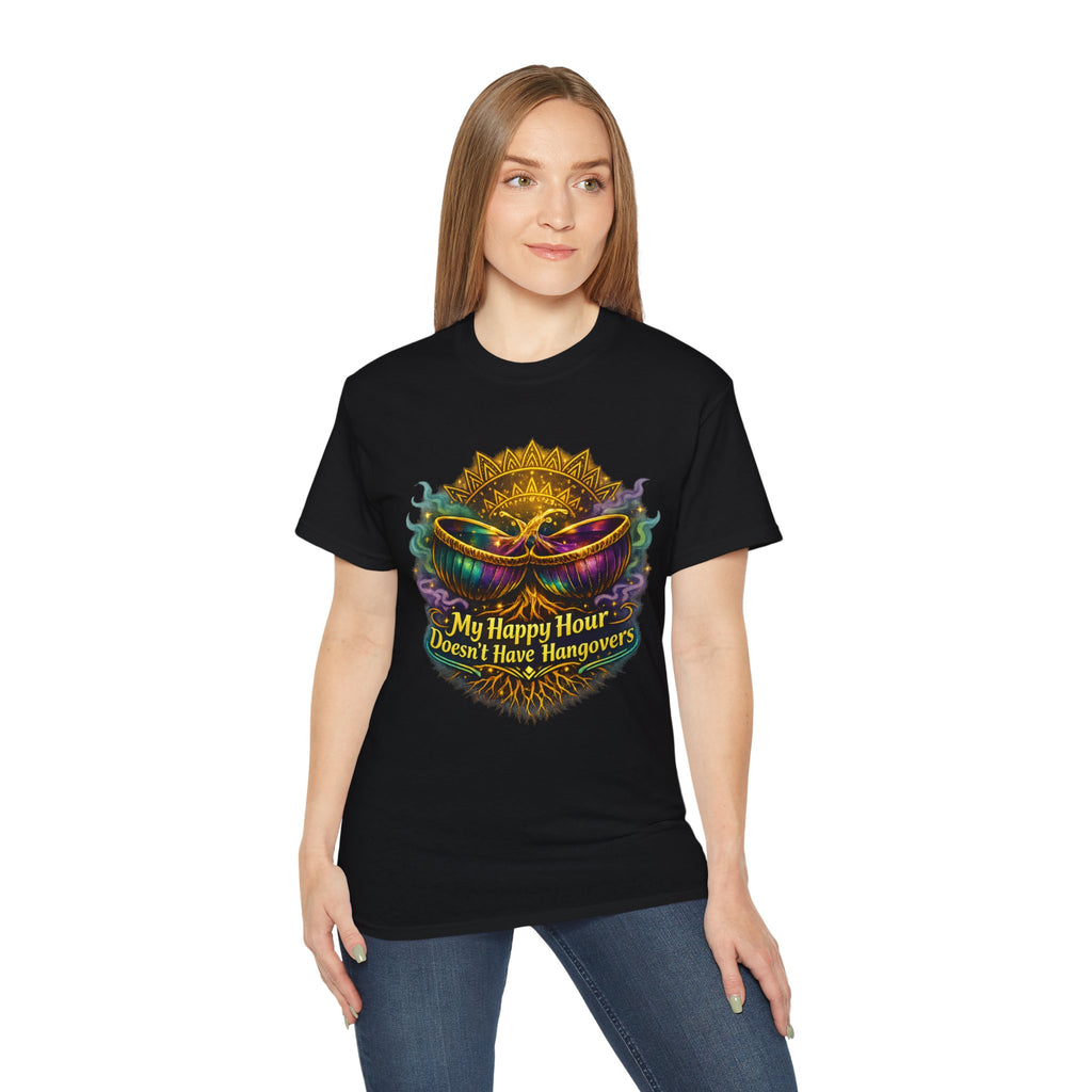 Mardi Gras Mask T-Shirt — “My Happy Hour Doesn’t Have Hangovers” Carnival Tee