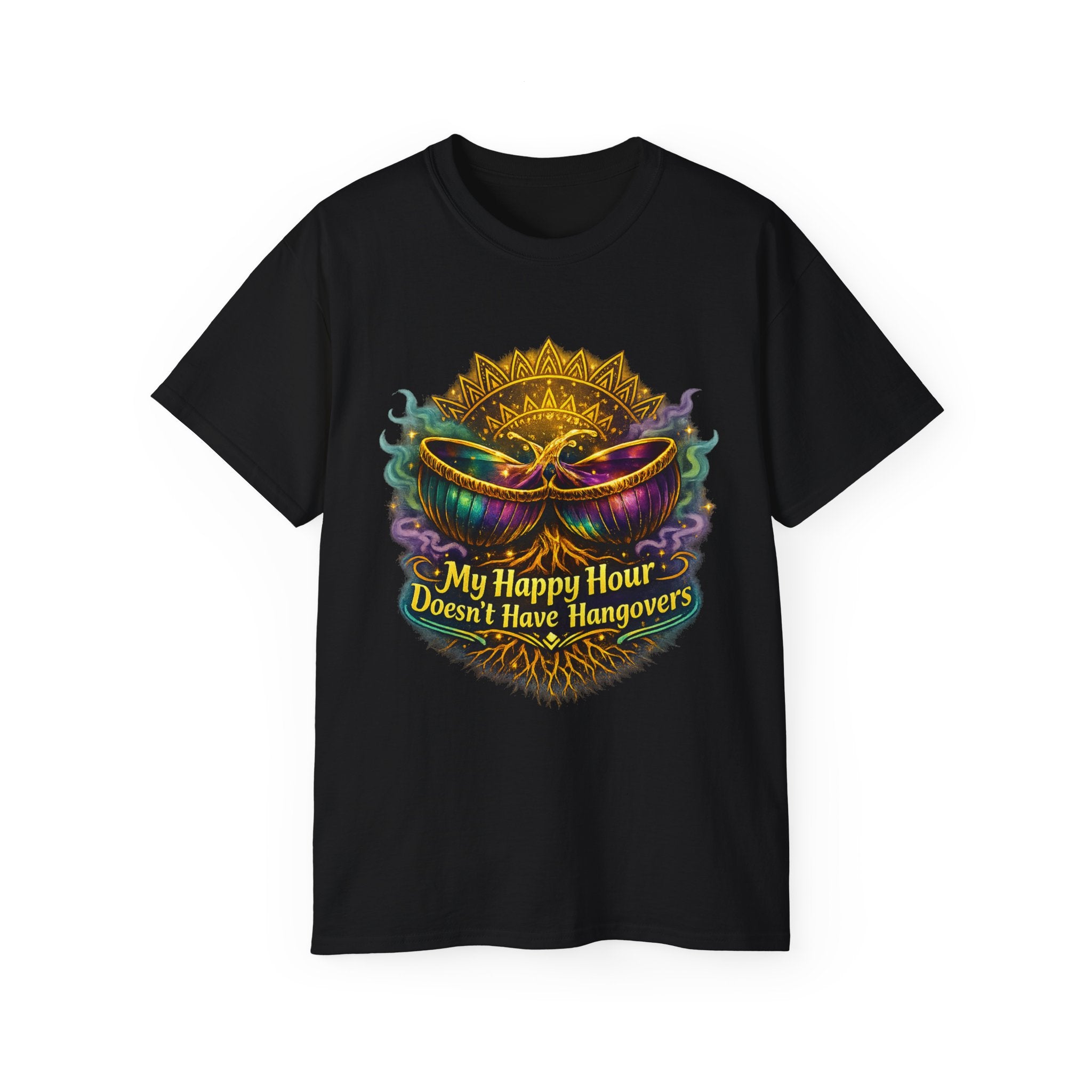 Mardi Gras Mask T-Shirt — “My Happy Hour Doesn’t Have Hangovers” Carnival Tee